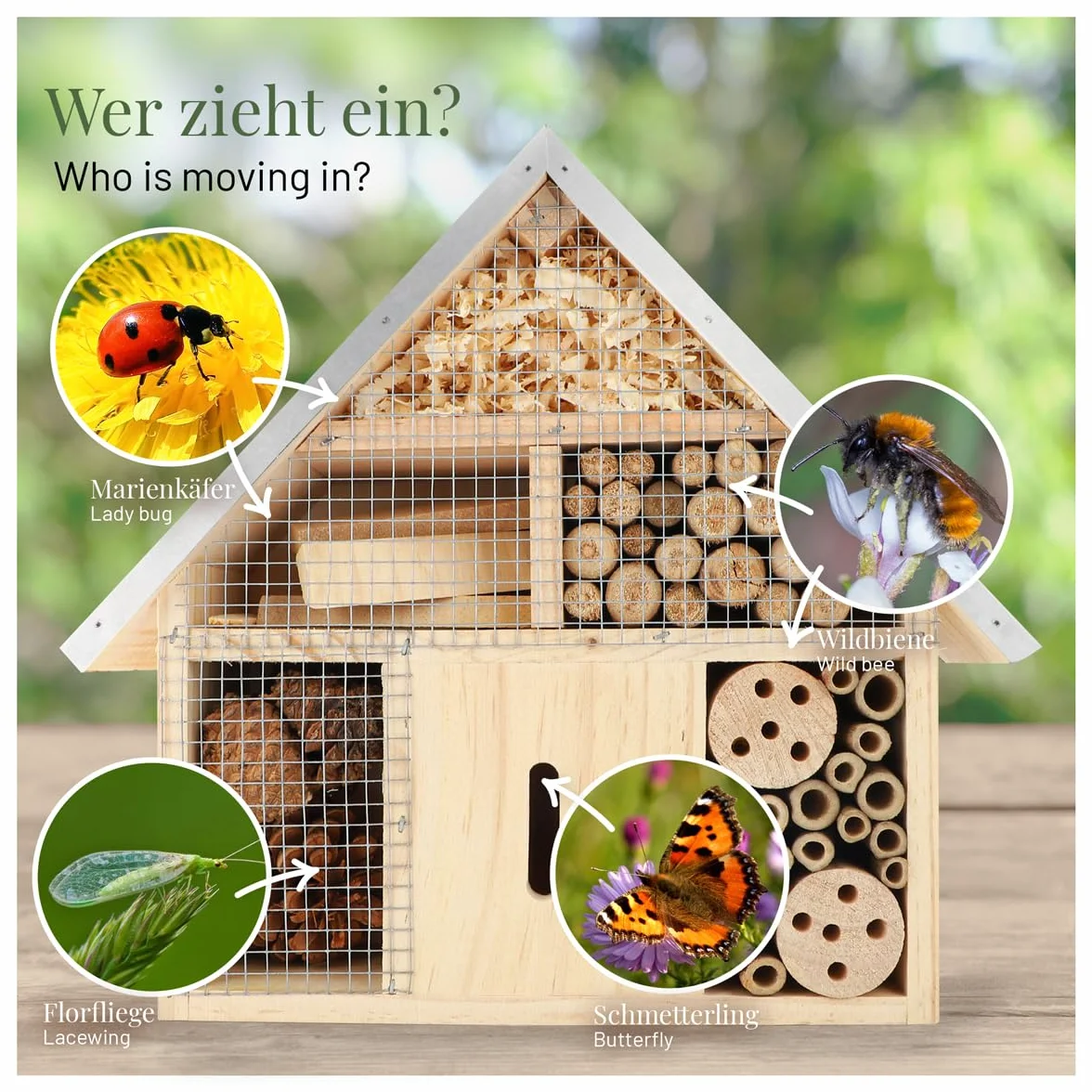 Hôtel à insectes WILDLIFE HOME en bois naturel pour abeilles sauvages, coccinelles et papillons