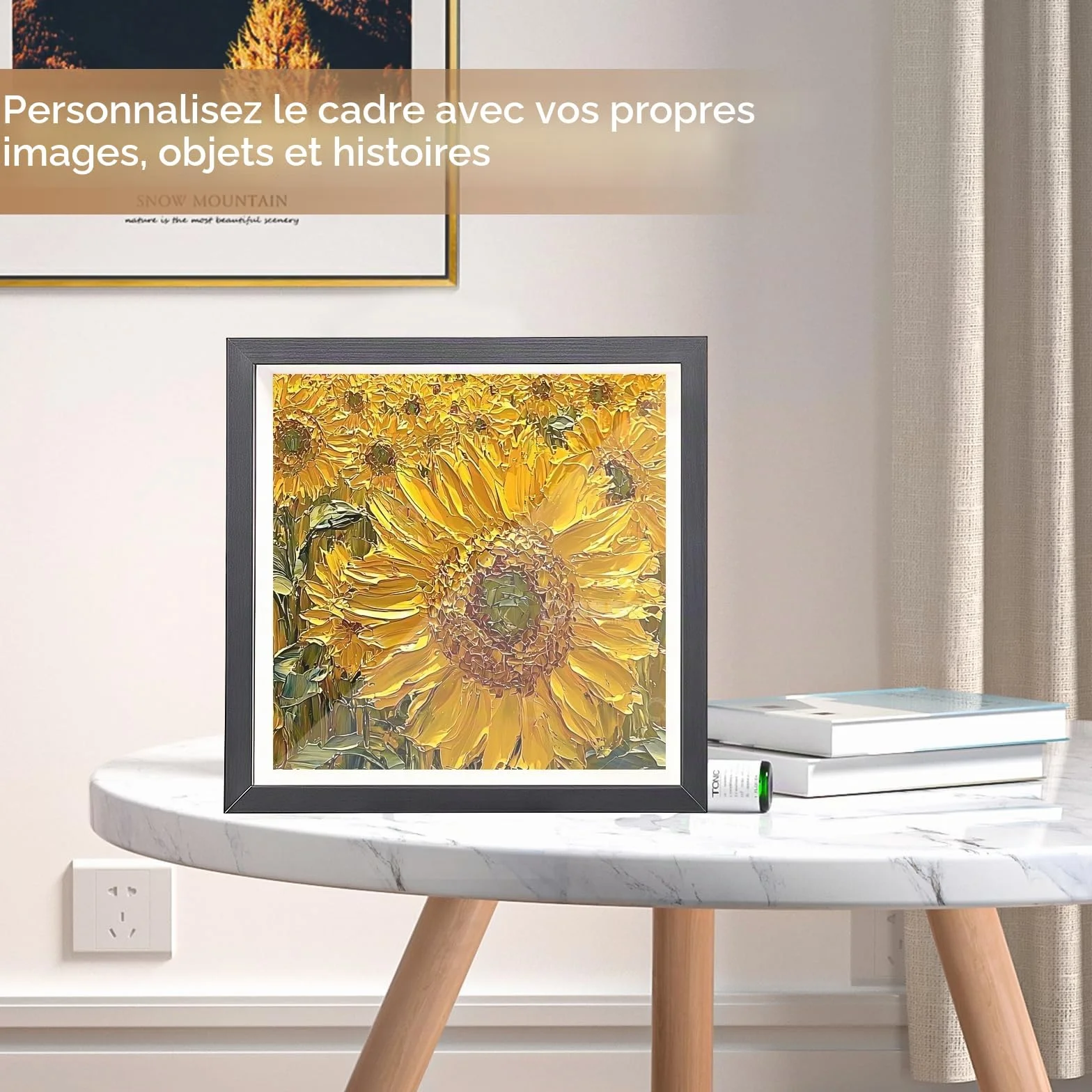 Cadre Photo 3D 22 x 22 cm Bois 3 cm Profondeur pour Mur Bureau Décoration Mariage DIY Noir