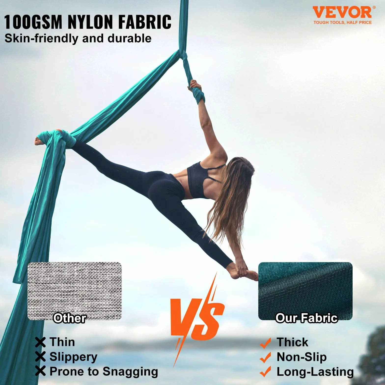 VEVOR Hamac de Yoga Aérien 5x2,8 m Kit Balançoire de Yoga Inversion Danse Aérienne en Nylon 100 g/m² Charge 1000 kg Vol Anti-gravité d'Air pour Fitness Musculation Pilates Gym Maison Studio Vert