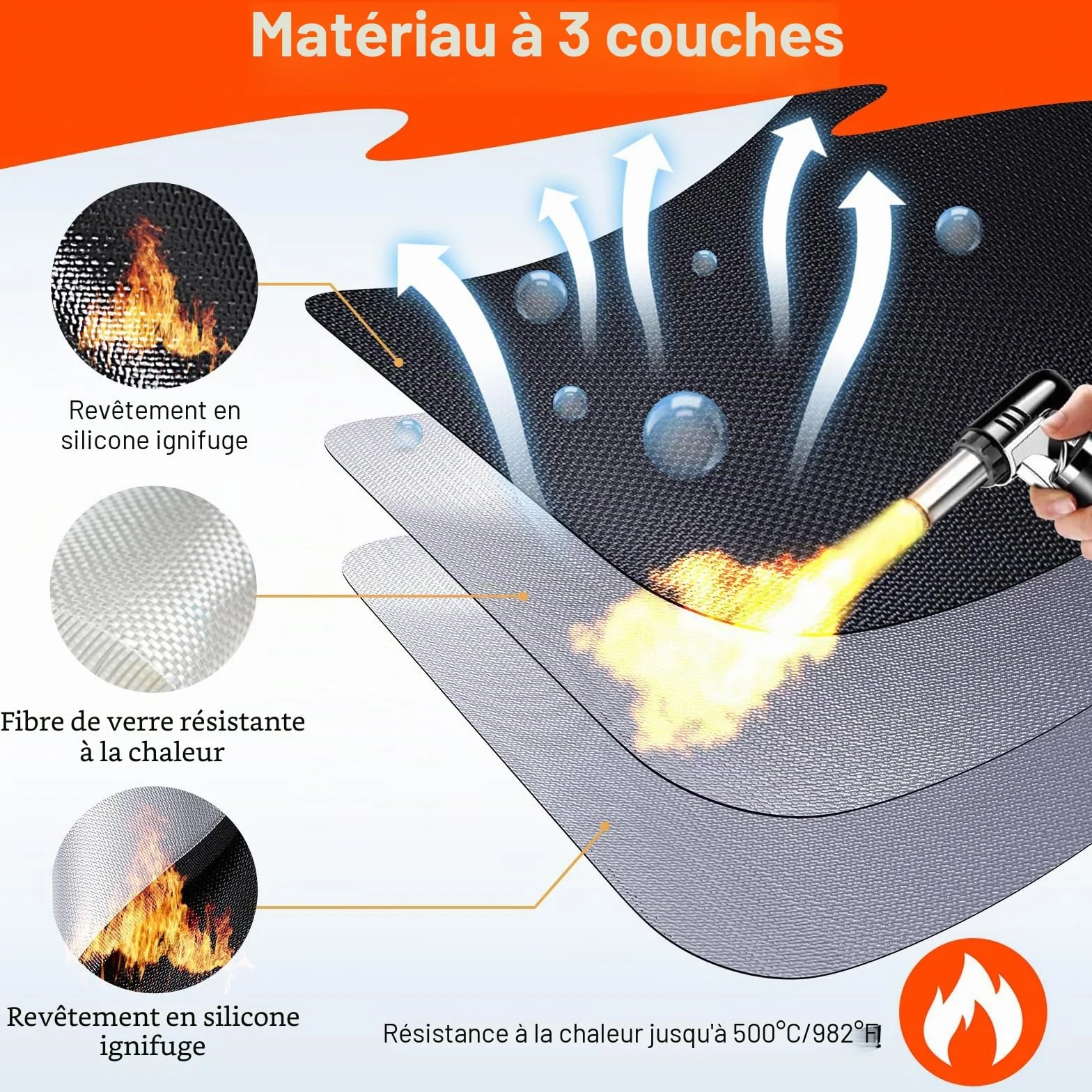 Tapis ignifuge 130 × 80 cm résistant à la chaleur 982 °C protection thermique coupe-feu barbecue gaz charbon