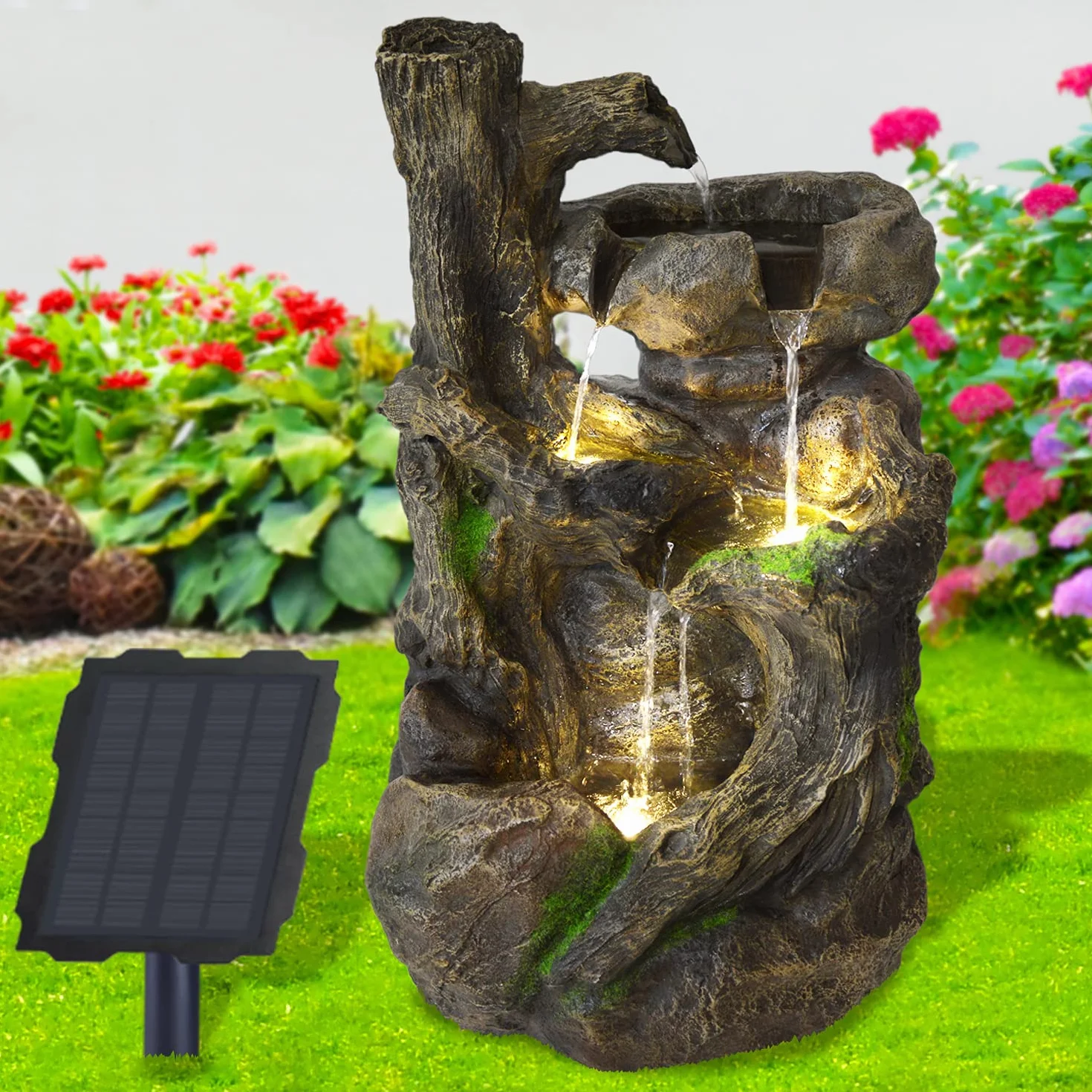 Fontaine de Jardin Solaire avec Batterie Li-ION et Lumière LED, Cascade en Pierre, Déco Originale pour Jardin, Terrasse, Balcon
