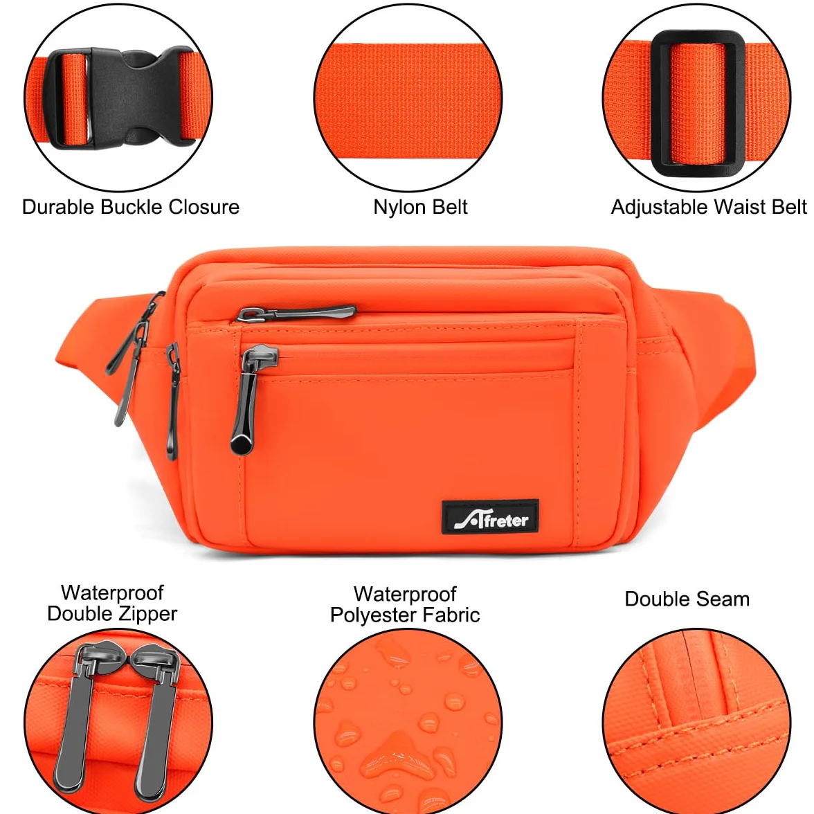 REETEE Sac Banane Homme Imperméable Sacoche Banane avec 5 Poches et Sangle Réglable, Grande Capacité Sac Banane pour Homme Femme Voyage Randonnée Pochette Ceinture (A-Orange)
