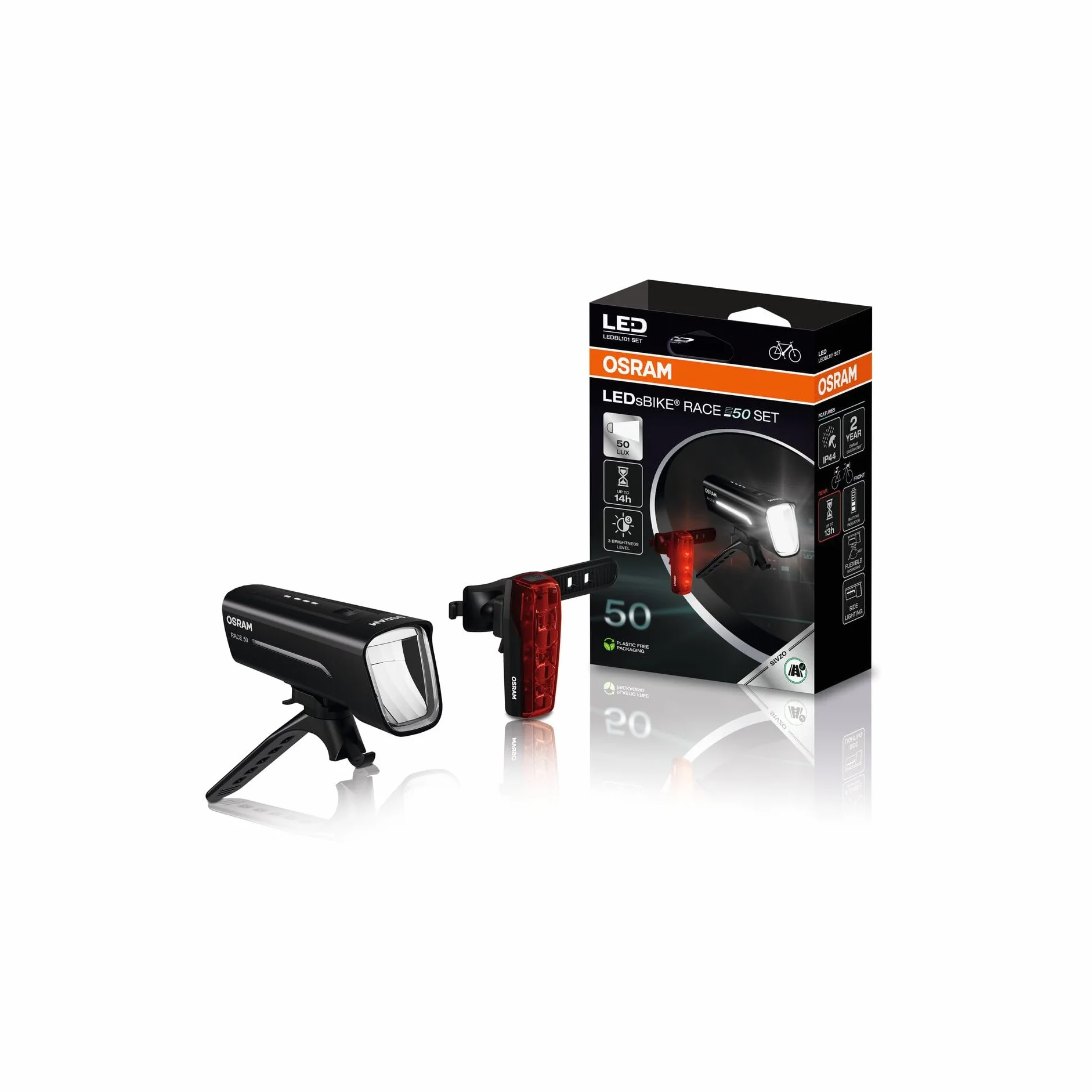 Osram LEDsBIKE Race 50 Set, Jeu d'éclairage de vélo Rechargeable, Jeu d'éclairage LED Avant et arrière, Trois Niveaux de luminosité, 50 lux, Homologué StVZO