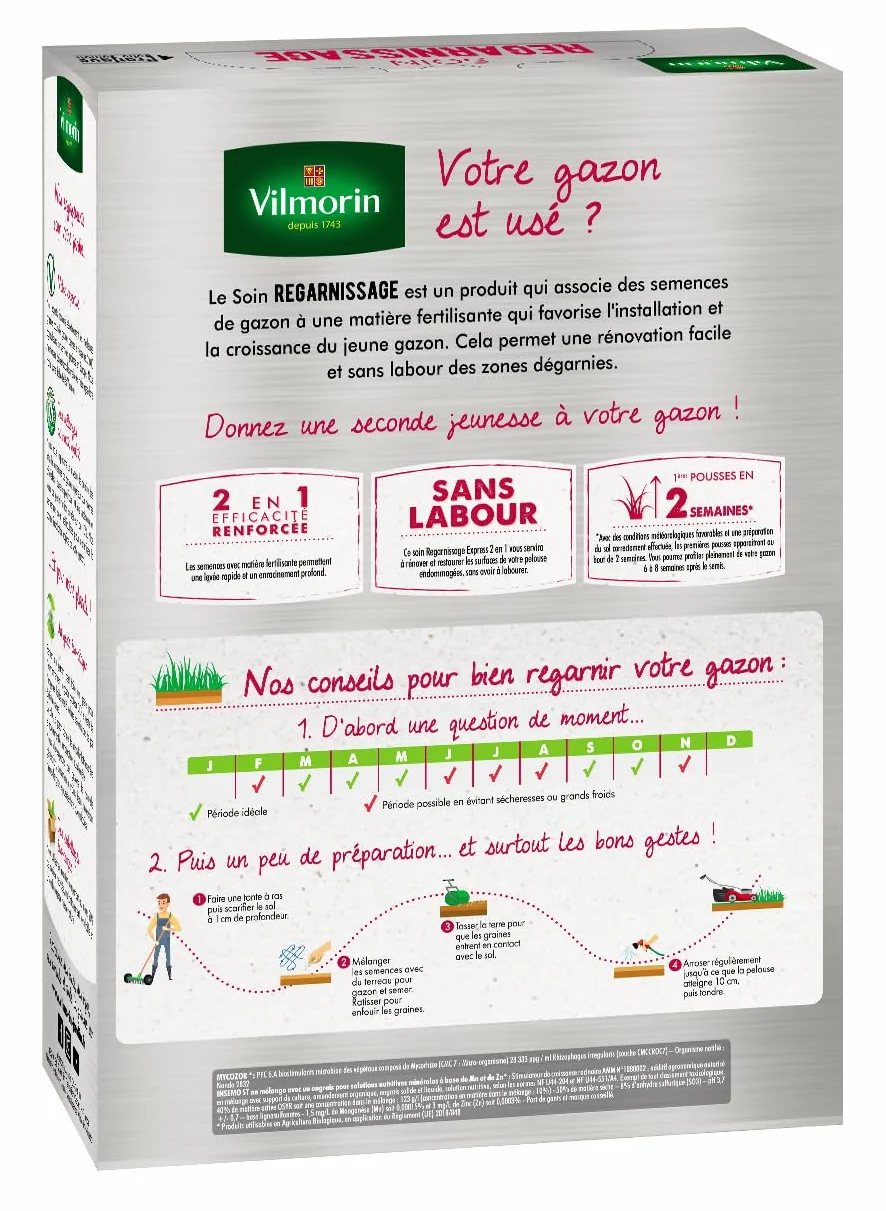 VILMORIN Soin Regarnissage Universel 2 en 1 Semences de gazon Fortifiant naturel 1 Kg