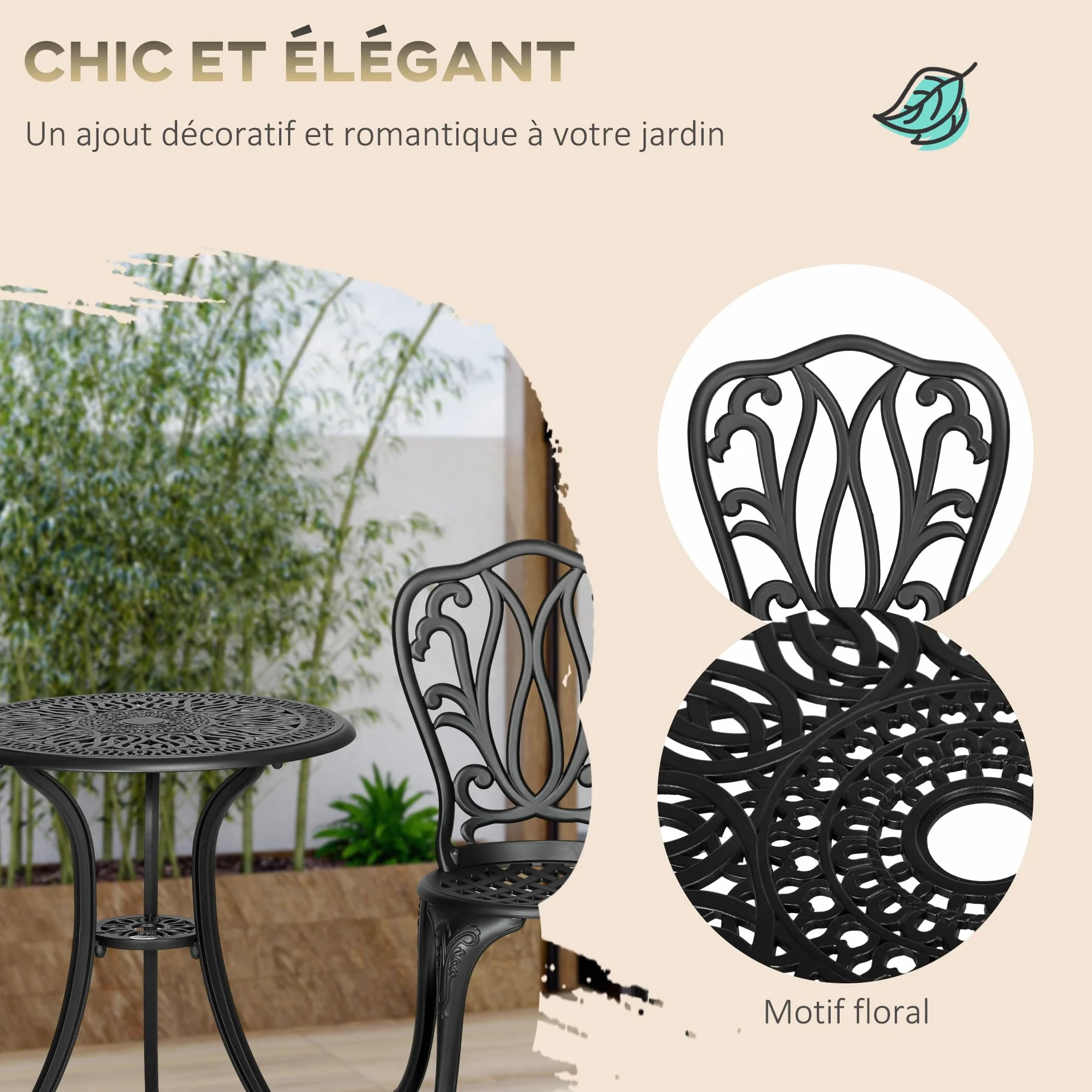 Outsunny Salon de Jardin Exterieur, Ensemble Table Ronde et Chaises Aluminium avec Trou Parasol Noir