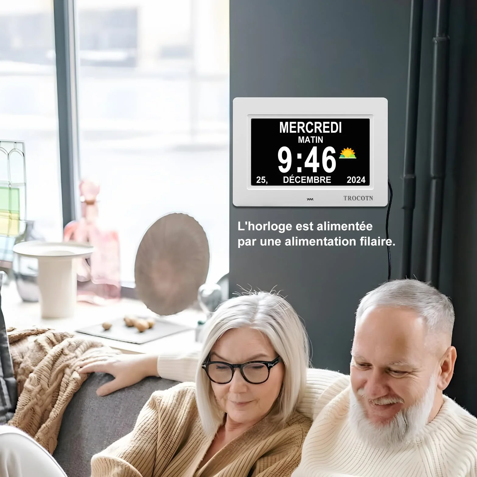 Horloge numérique Grand écran avec Calendrier pour Seniors, 7 Pouces Blanc