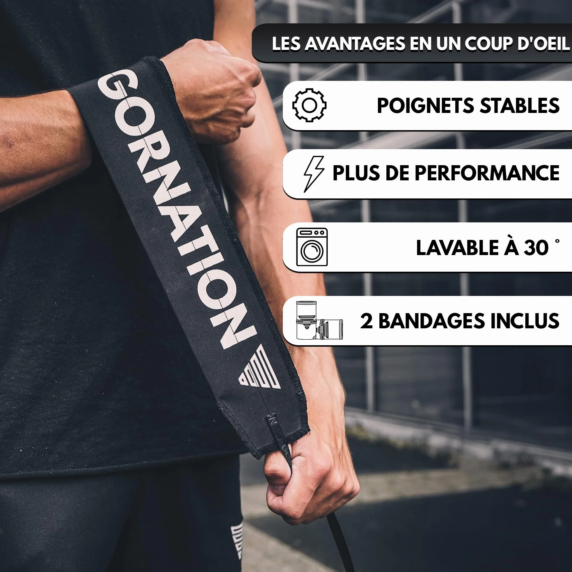 GORNATION Protège-Poignets - Performance Wrist Wraps pour Musculation, Crossfitness, Gym, Street Workout et Sports de Force - Bandes de Poignet - 1 Paire