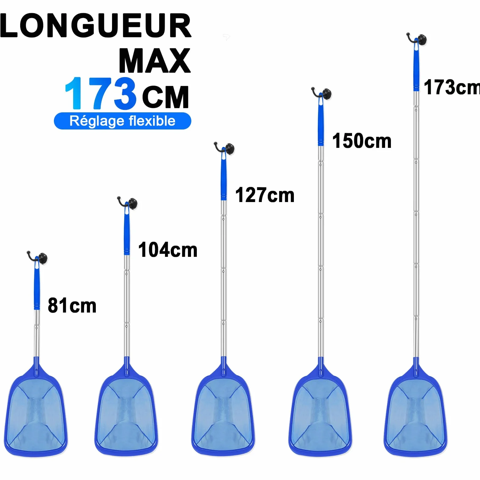 KGC Épuisette de Piscine avec Manche 81-173 cm Mailles Ultra-Fines pour Piscines Bassins Spas