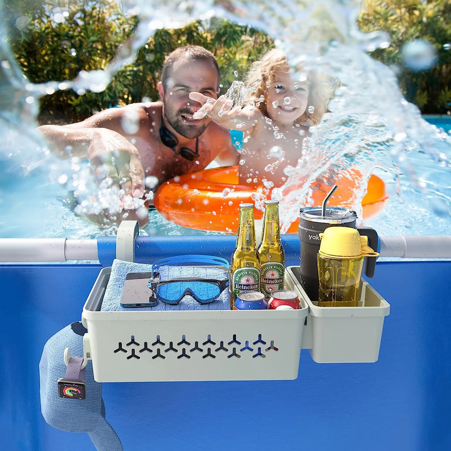 Panier de Rangement au Bord de Piscine avec Porte-Gobelet, Accessoires pour Jouets et Serviettes, Gris