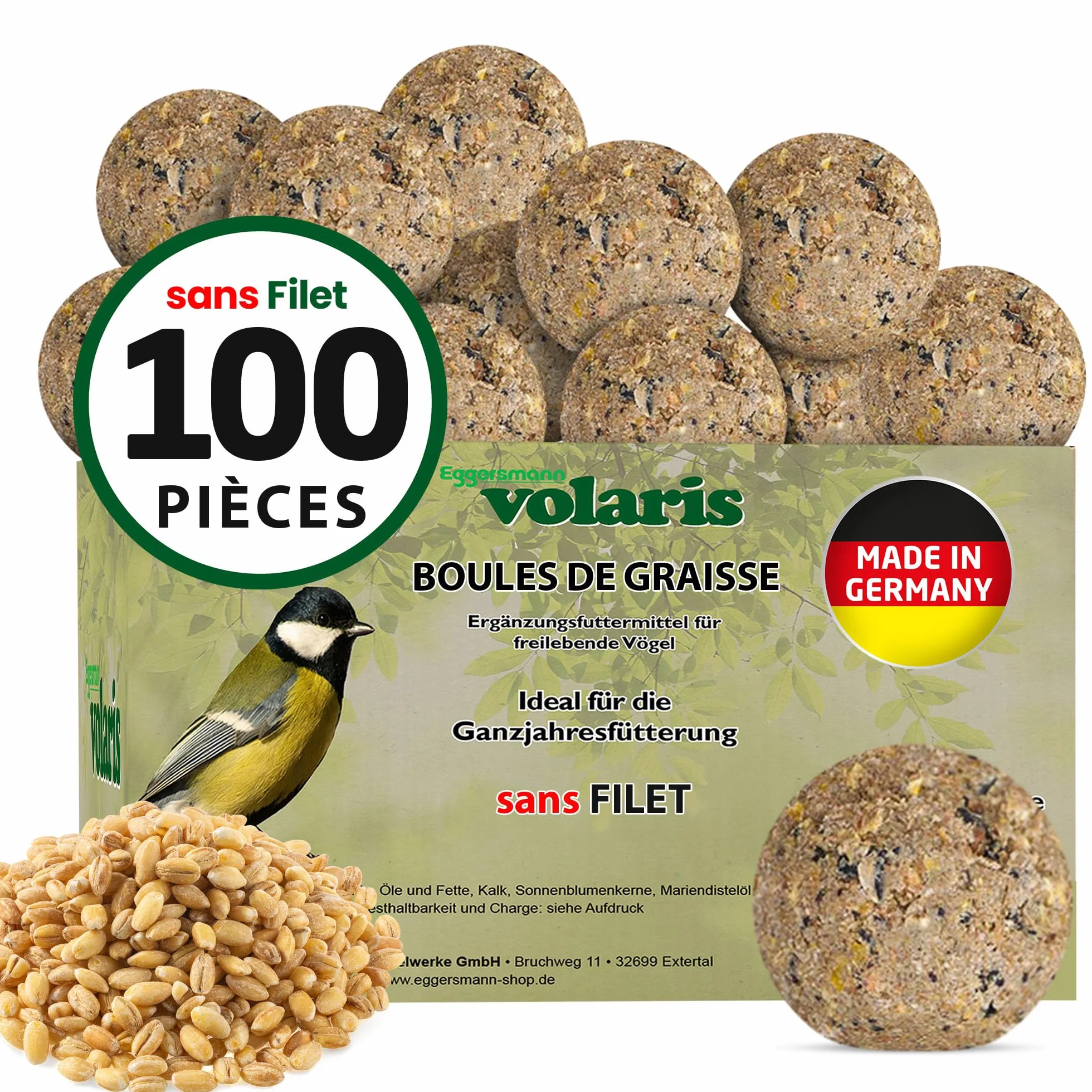 Eggersmann Volaris Lot de 100 boules de graisse sans filet 9 kg Nourriture pour oiseaux sauvages