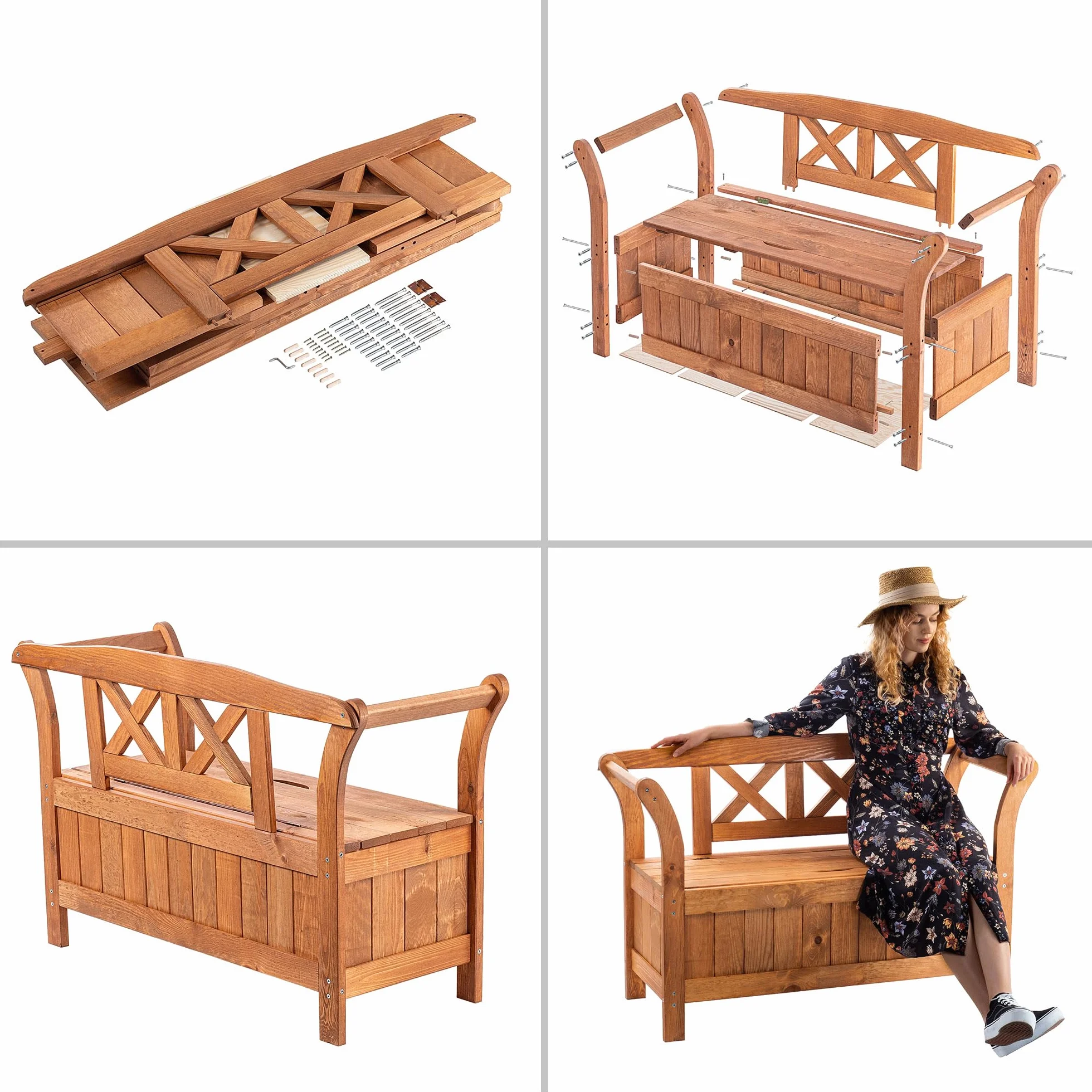 KADAX Banc de Jardin 119x43x75 cm Panneau de Fibres de Bois avec Rangement Dossier Résistant aux intempéries Chêne doré
