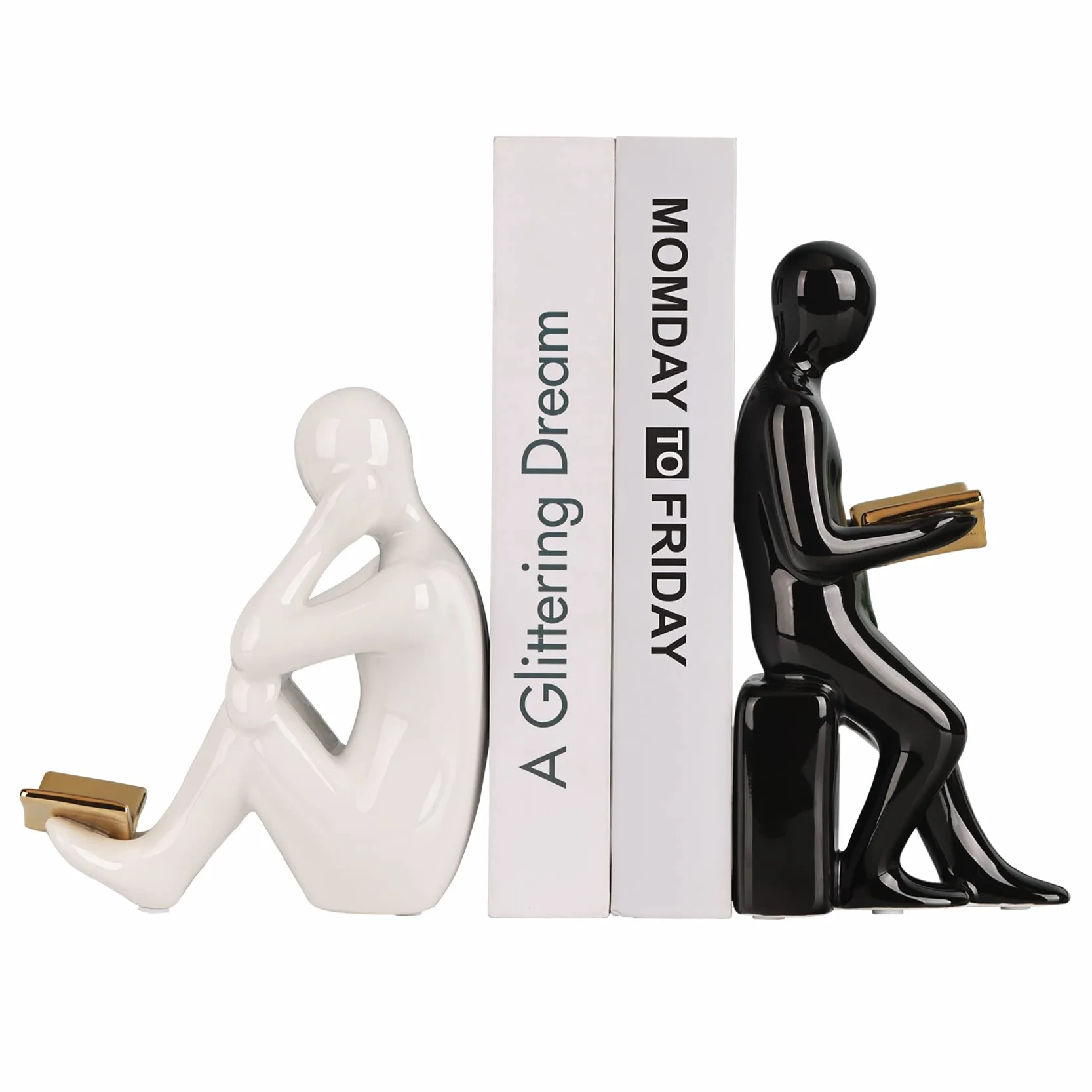 Figurines décoratives en céramique blanche et noire avec livre d'or pour étagères, statues de décoration de maison et sculptures de lecture