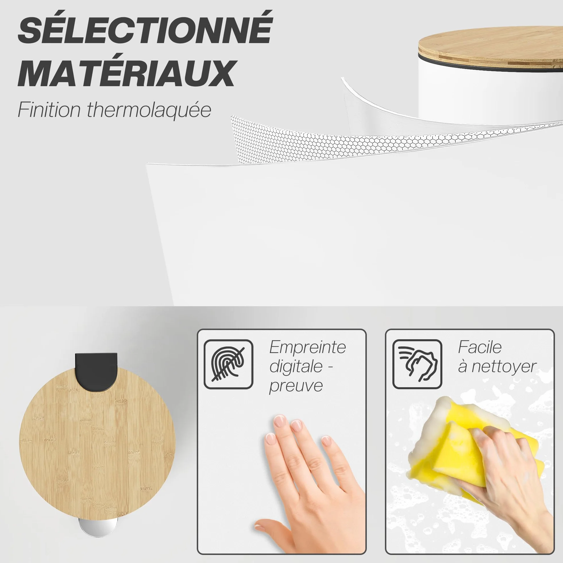 HOMCOM Poubelle Cuisine 30L Poubelle à Pédale Métal Seau Intérieur Amovible Couvercle Bambou Fermeture Douce Blanc