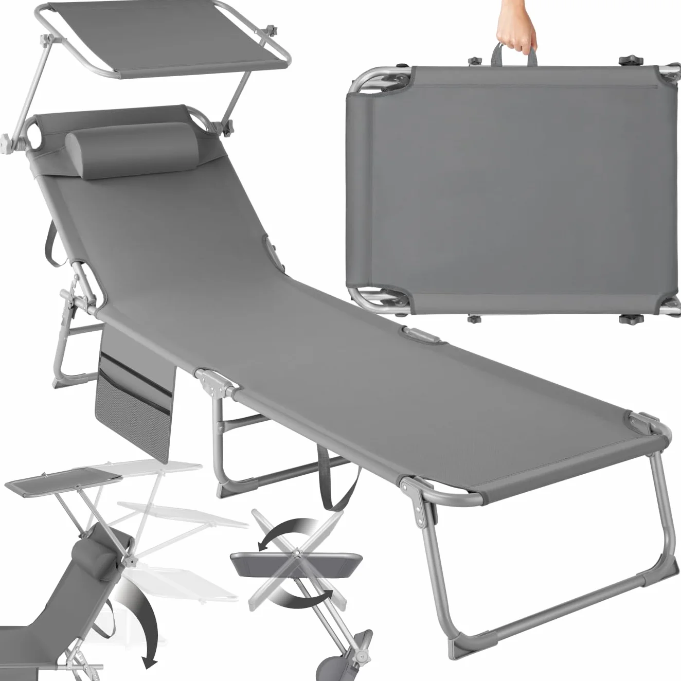 tectake Chaise Longue Pliante Bain de Soleil Jardin Exterieur avec Pare Soleil Appuie-tête Pochette