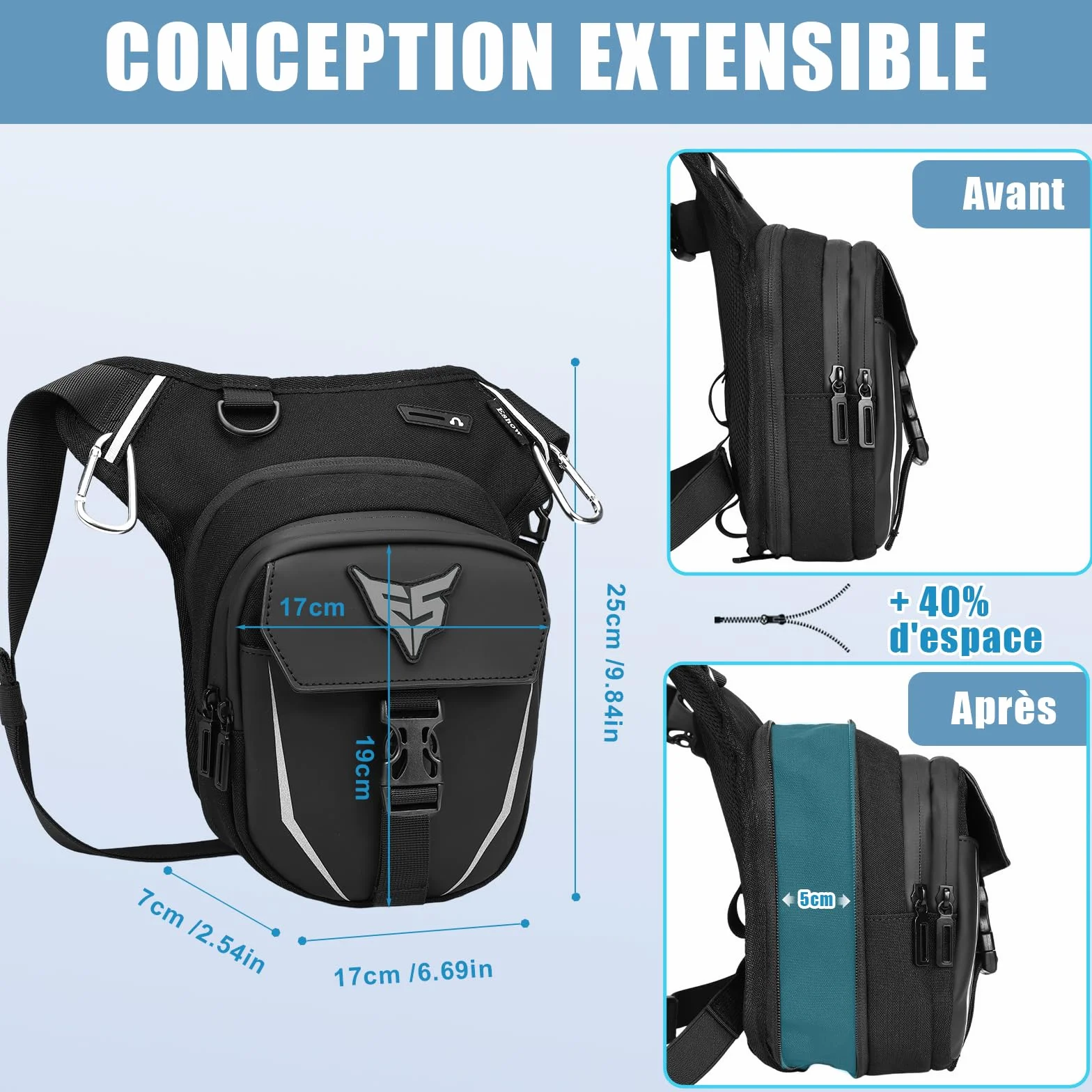 Eshow Sacoche de Jambe Moto Capacité Extensible,Sac Banane Homme Femme Bande Réfléchissante, Ceinture Réglable, 4 Mousquetons Randonnée Outdoor