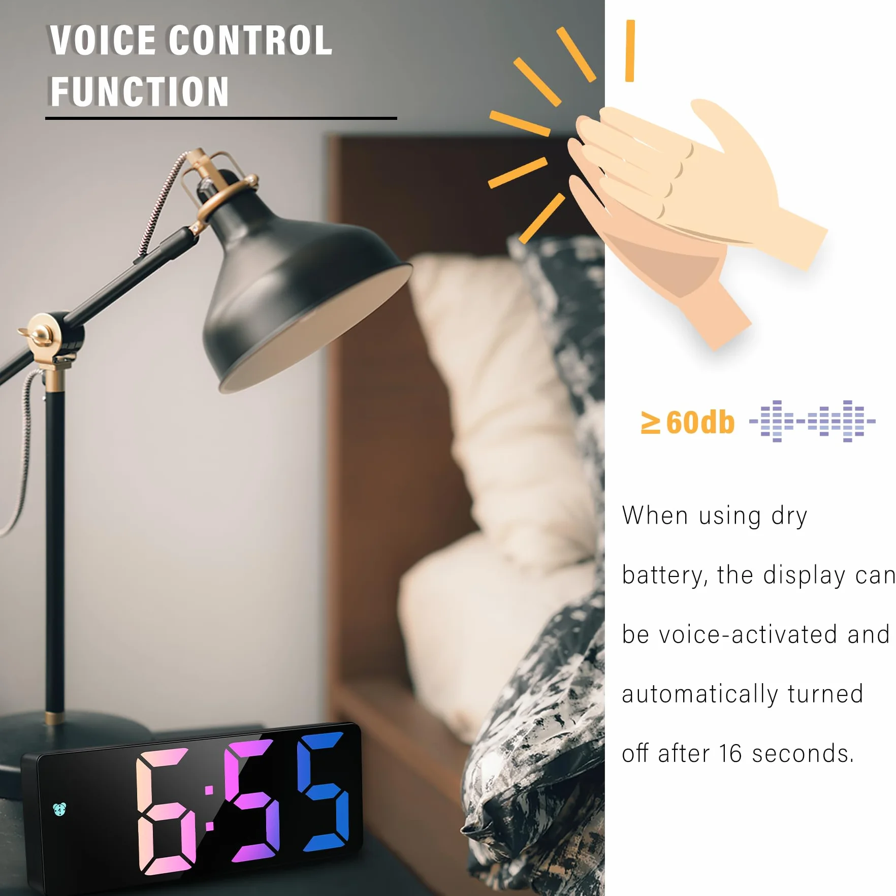 JQGO Réveil Numérique LED 6,7" Horloge Digitale avec Activation Vocale, Snooze, Température, Luminosité Réglable