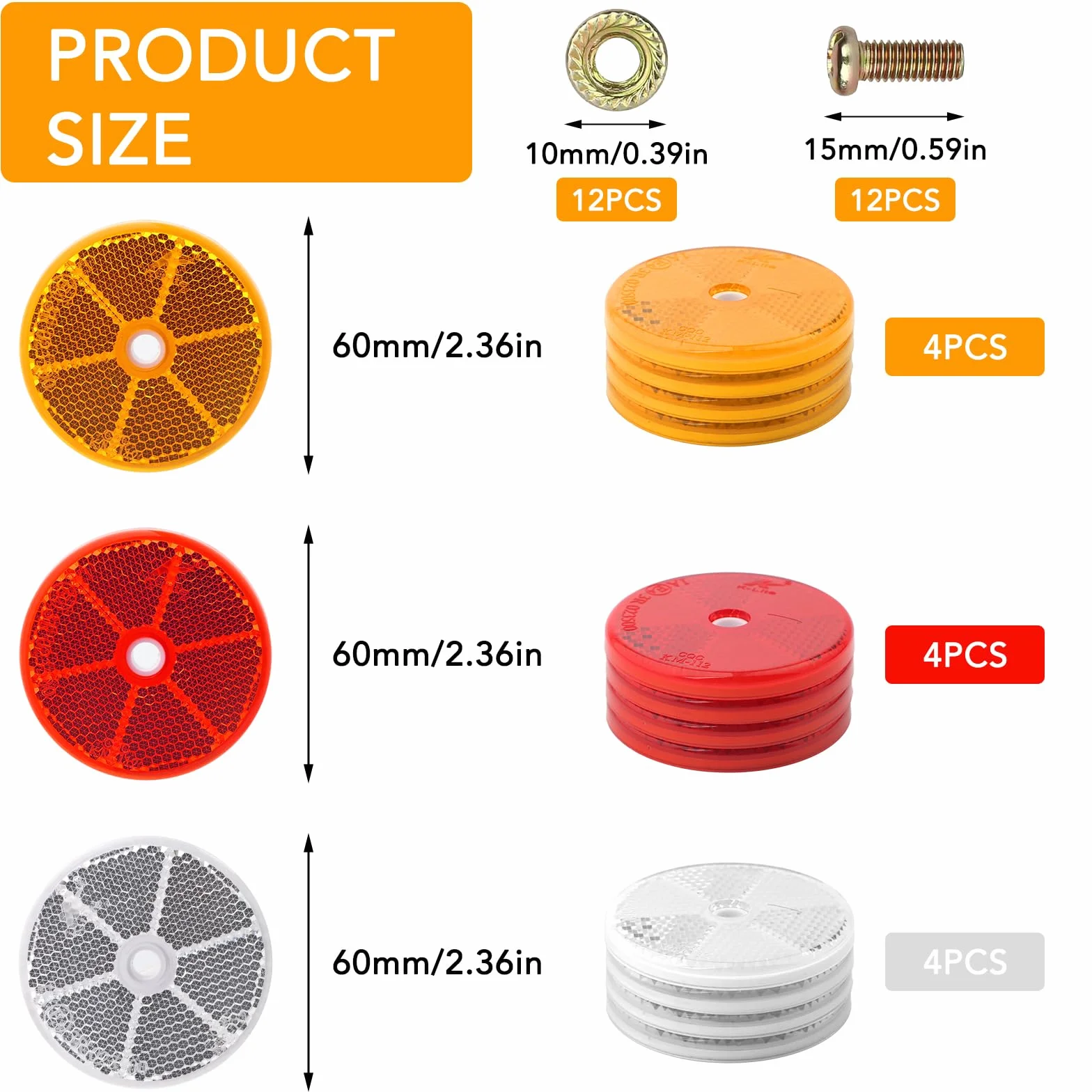 Lot de 12 catadioptres ronds en 3 couleurs, diamètre 60 mm, réflecteurs latéraux ronds à visser, pour voiture, camion (orange, blanc, rouge)