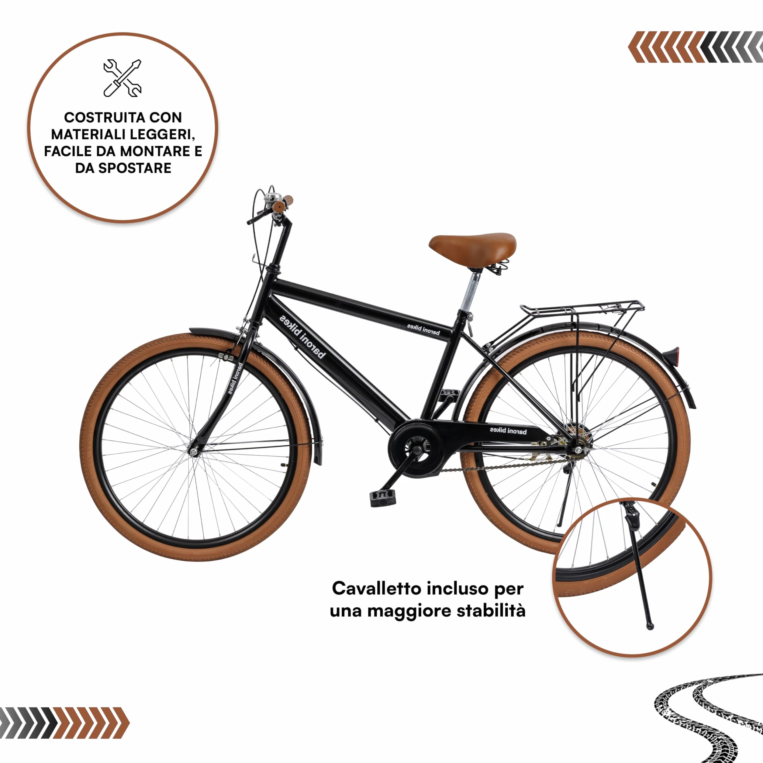 Baroni Home Vélo de marche pour homme et femme, avec sonnette, guidon et selle réglable, vélo avec double frein avant et arrière, vélo de ville, noir et marron, 168 x 90 cm