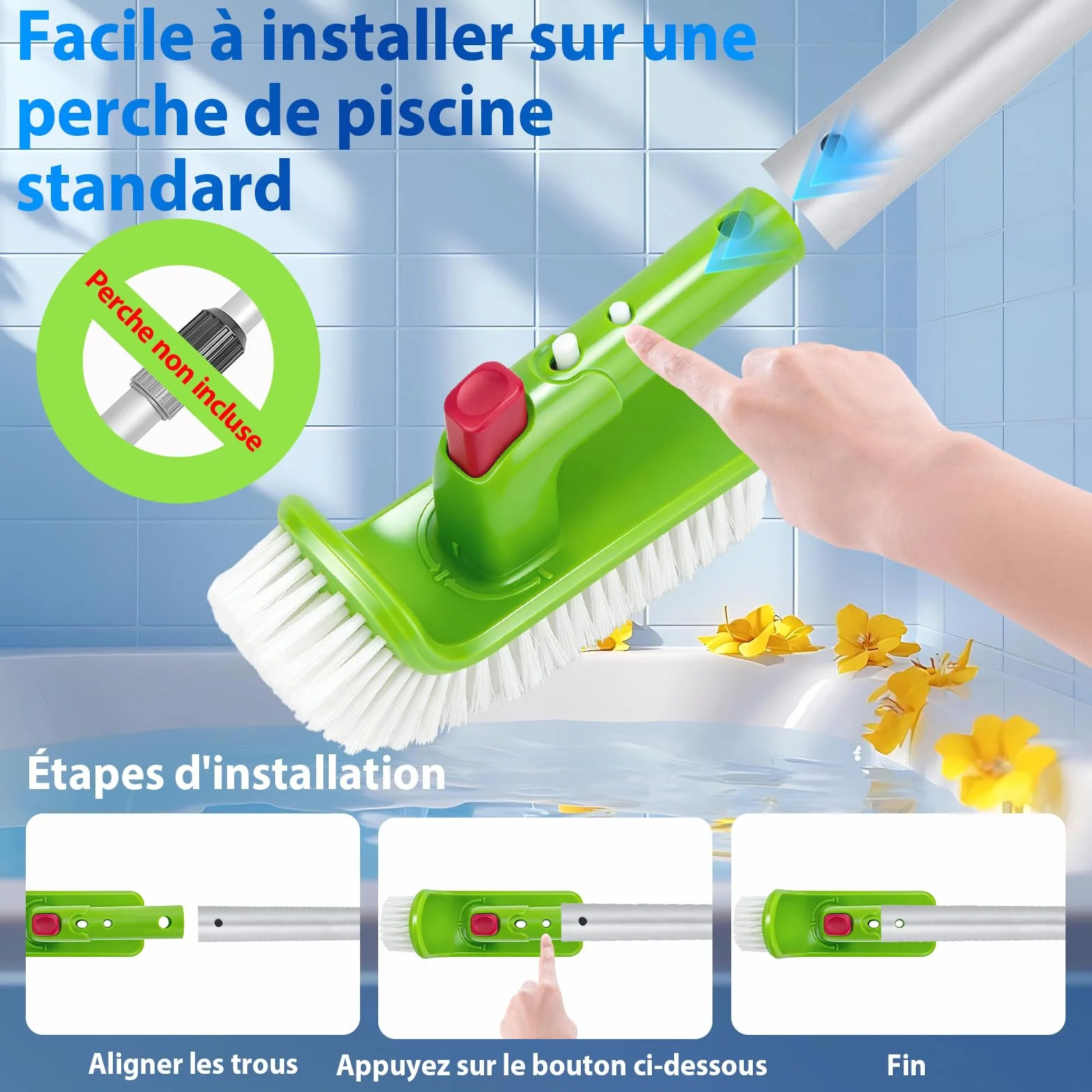 Brosse Piscine 19 cm Poignée Pliable 180° 9 Rangées Poils Nylon Clip EZ Manche Télescopique 3,2 cm
