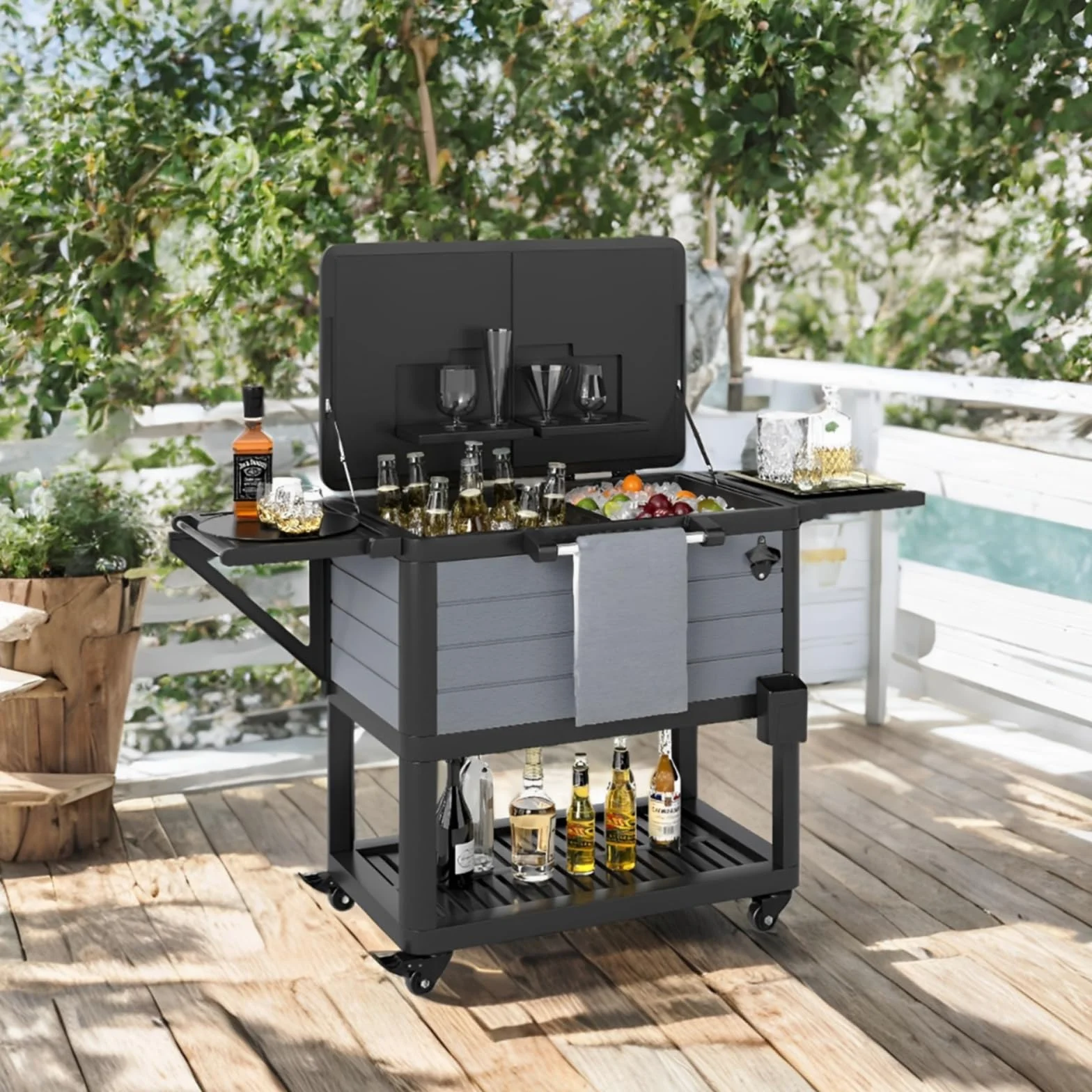 SOARS Glacière à Roulette 91 L, Bar Extérieur Mobile 83 x 50 x 85 cm, avec Séparateur Amovible