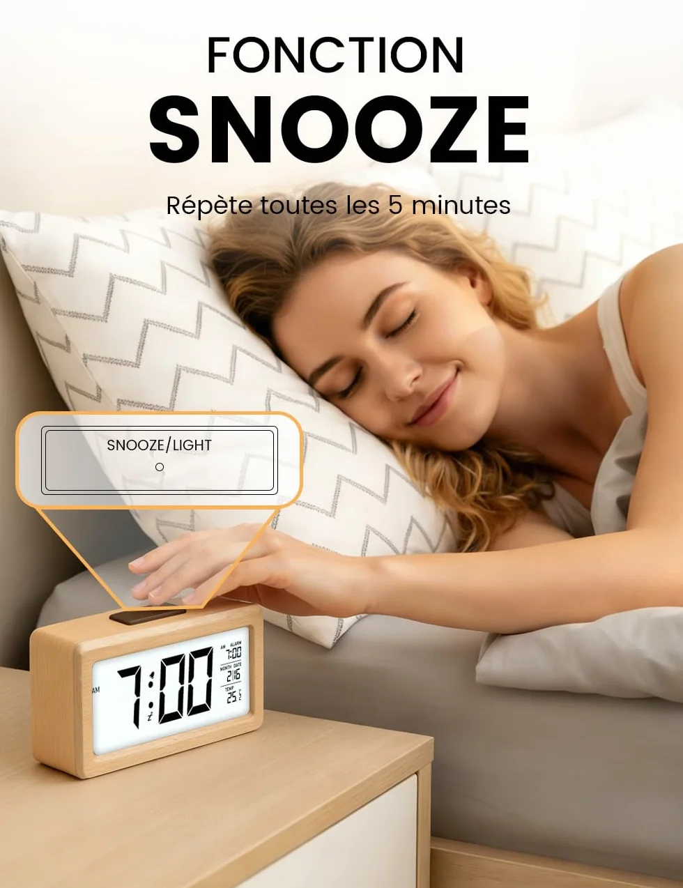 aboveClock Réveil Numérique en Bois avec LCD, Date, Température, Snooze, Alimenté par Piles AAA