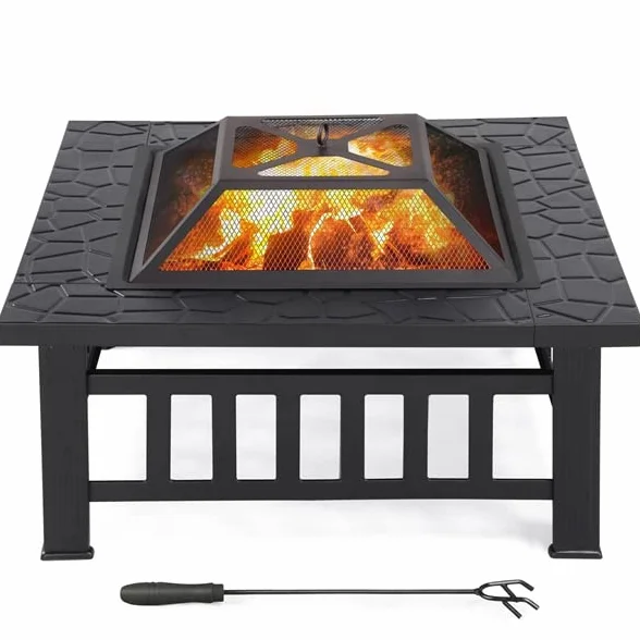 Abician Brasero Extérieur en Métal Carré 81,2x81,2x50 cm Noir avec Couvercle et Tisonnier