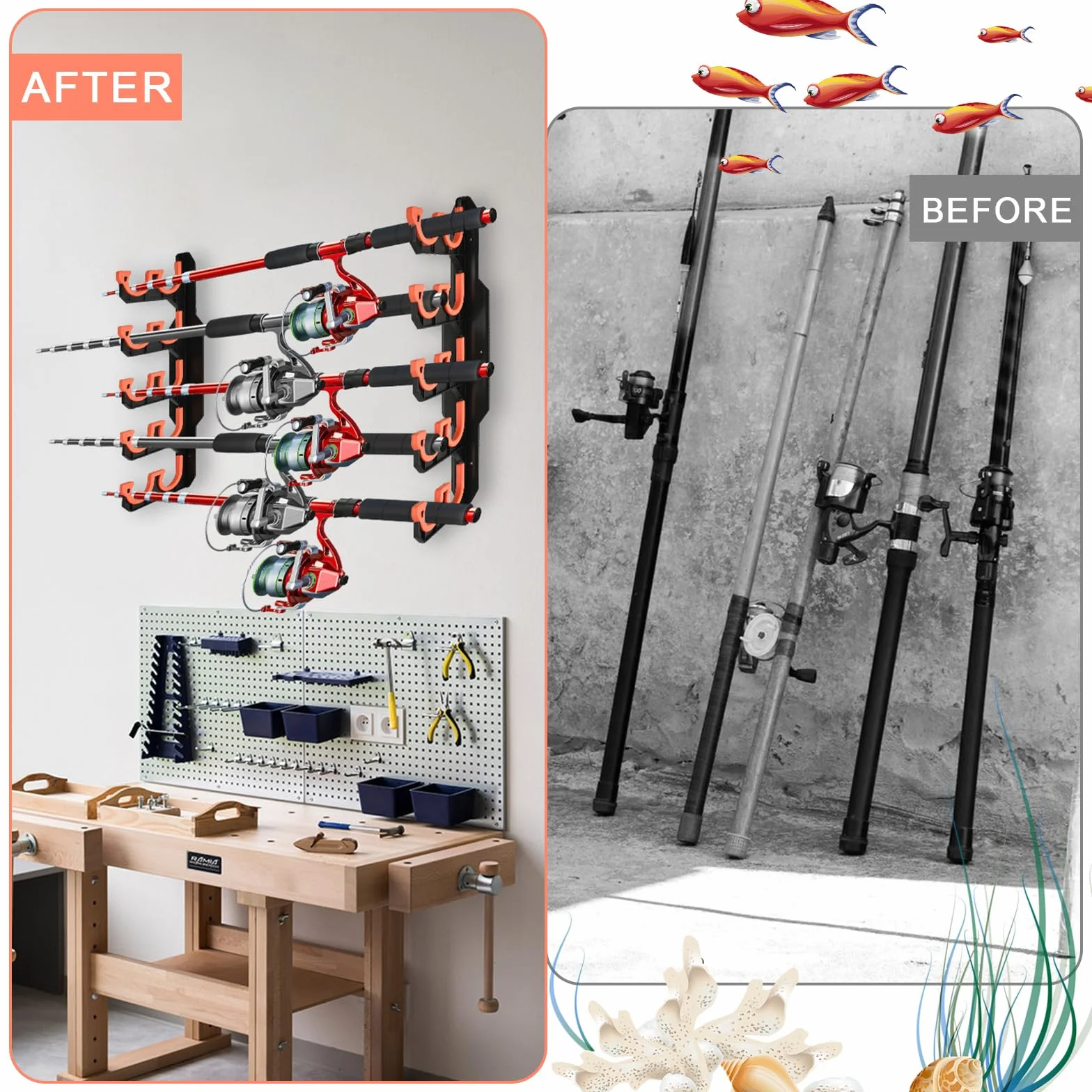 Support Canne a Peche Mural, Rangement Canne a Peche pour Garage, Cadeaux D'équipement de Pêche pour Hommes, Es Bietet Platz für 10 Angelruten, Montage Mural/Montage au Plafond
