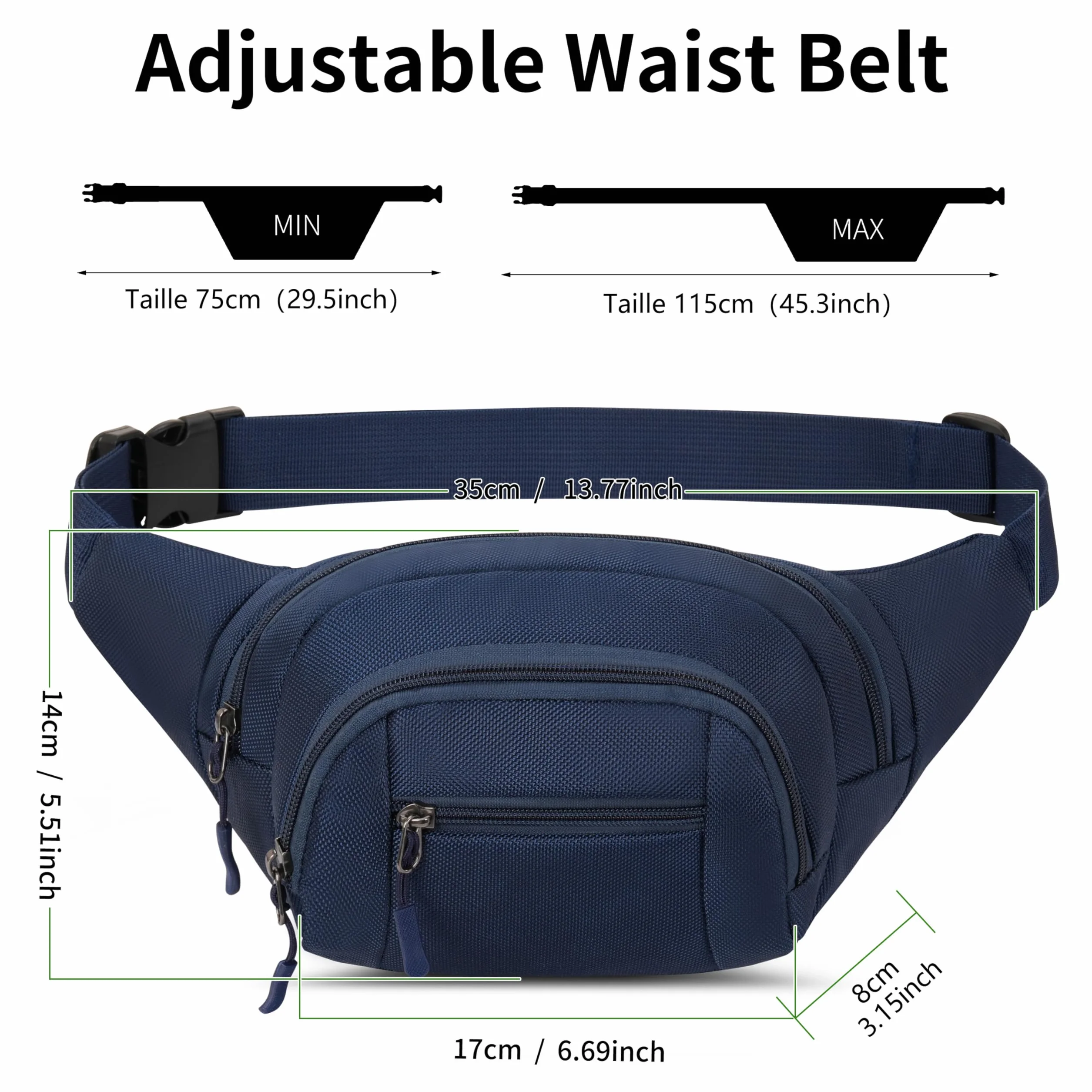 Sac Banane Homme Femme, Ceinture de Voyage Sport Pochette Ville de Sécurité pour Cacher et Protéger Argent, Sacoche Banane pour Randonnée Vacance (Bleu Marine)
