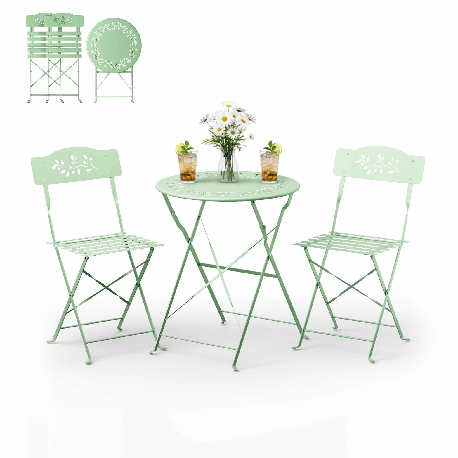 Bonnlo Set de Bistrot Pliant 3 Pièces Table et Chaise de Jardin Exterieur Vert Clair