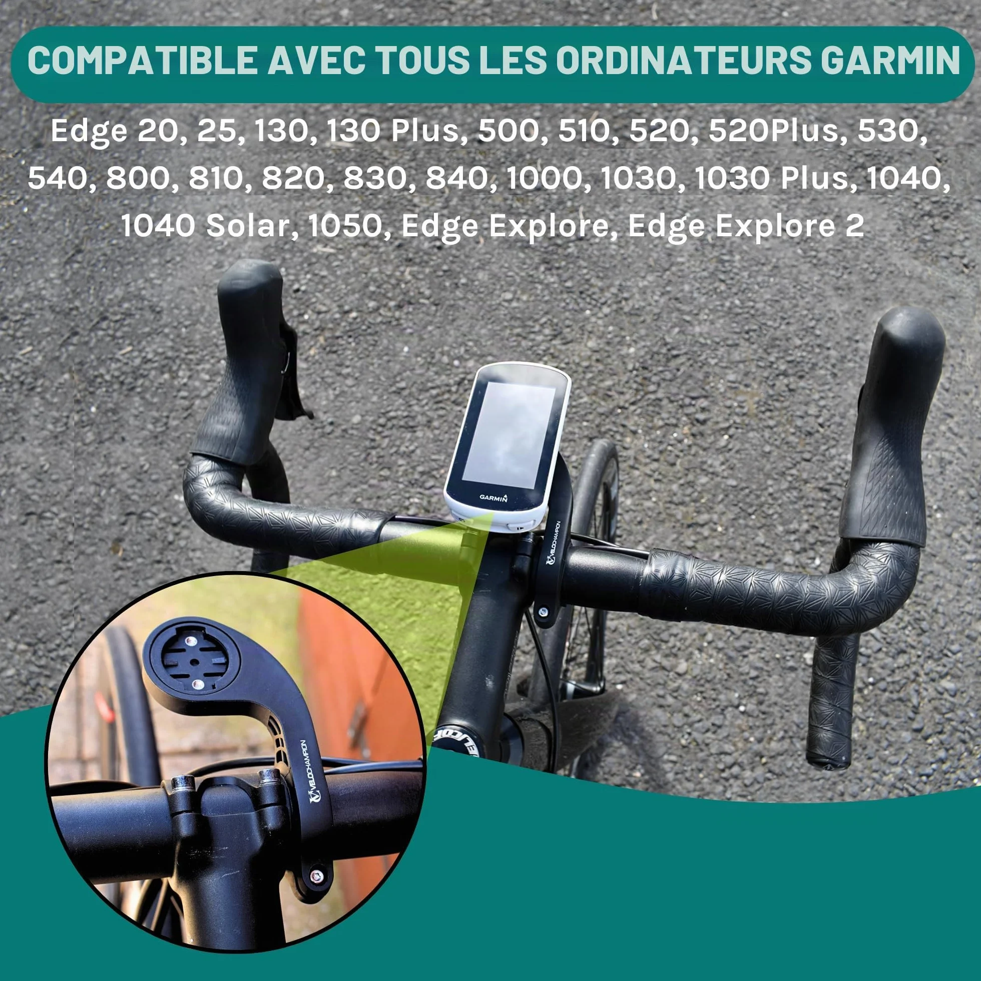 VeloChampion Support de Guidon Vélo Déporté Compatible avec Les GPS Garmin ou Wahoo. Convient aux Diamètres de Guidon de 25,4 à 35 mm.