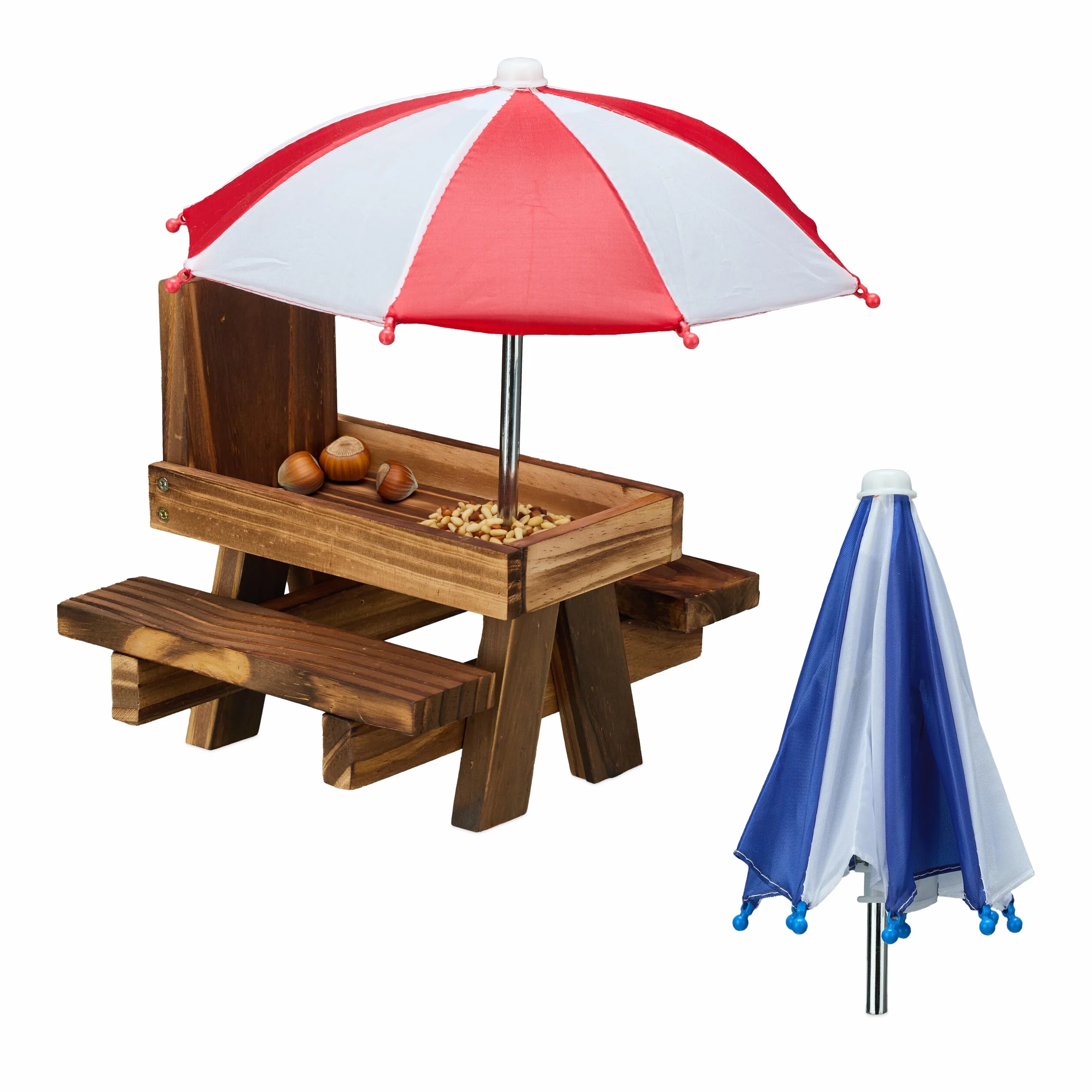Relaxdays Mangeoire pour écureuils Design Original 2 parasols Table avec bancs Marron foncé