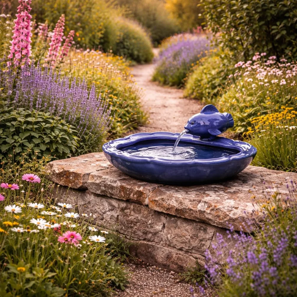 Fontaine à eau en céramique solaire 37 cm poisson bleu émaillée IP44 jardin extérieur