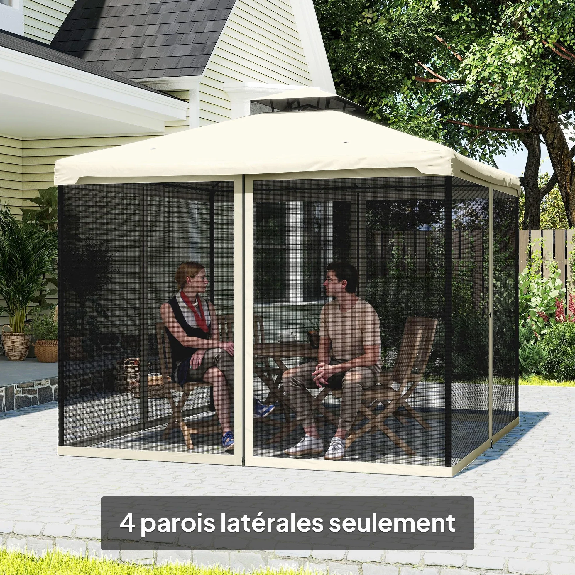 Outsunny Moustiquaires pour tonnelle Barnum pavillon de Jardin 3 x 3 m - Lot de 4 moustiquaires zippées + Crochets d'attaches - Polyester Nylon - Noir et crème