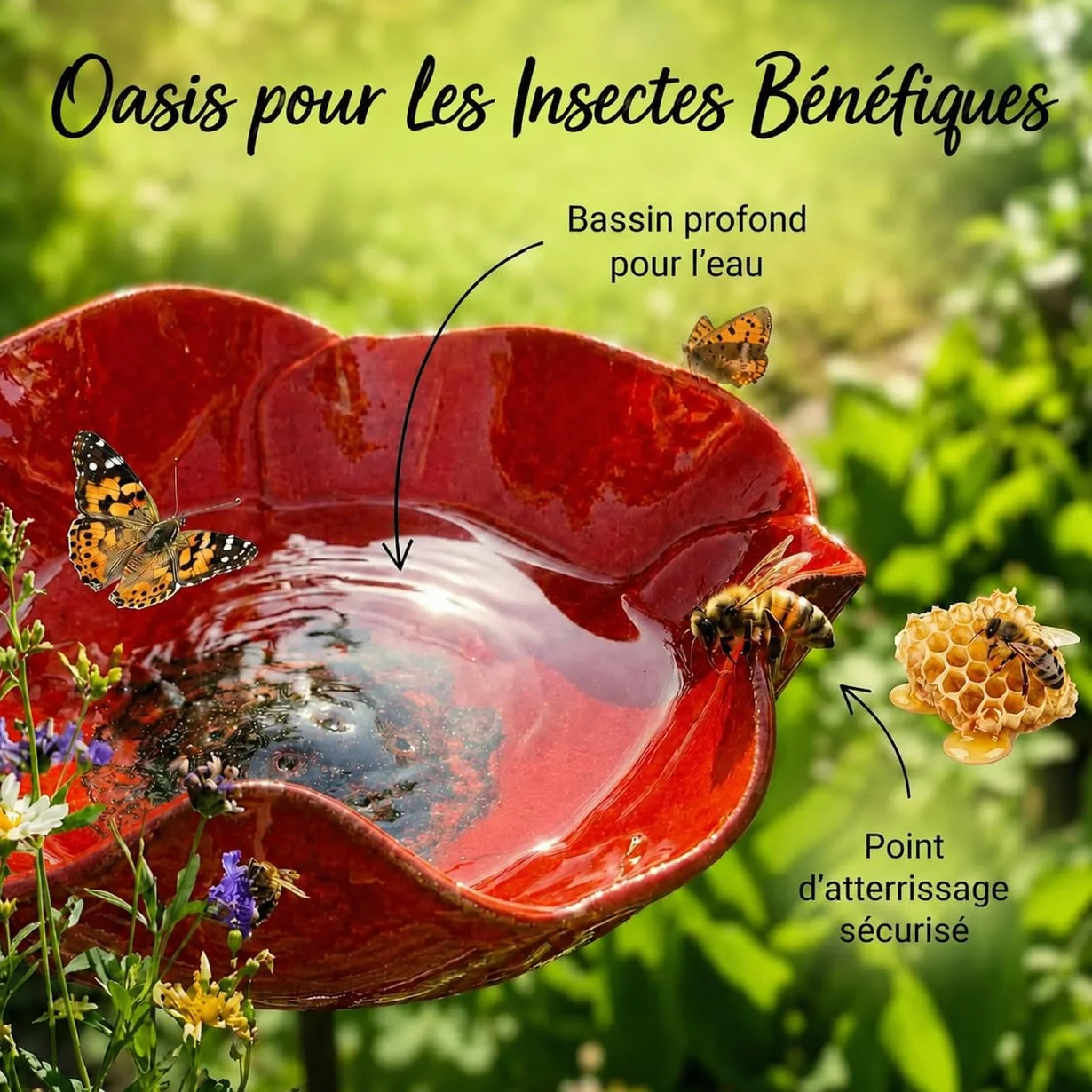 Bain d'oiseaux Extérieur en Forme de Fleur avec Socle et Piquet métallique pour Oiseaux et Abeilles