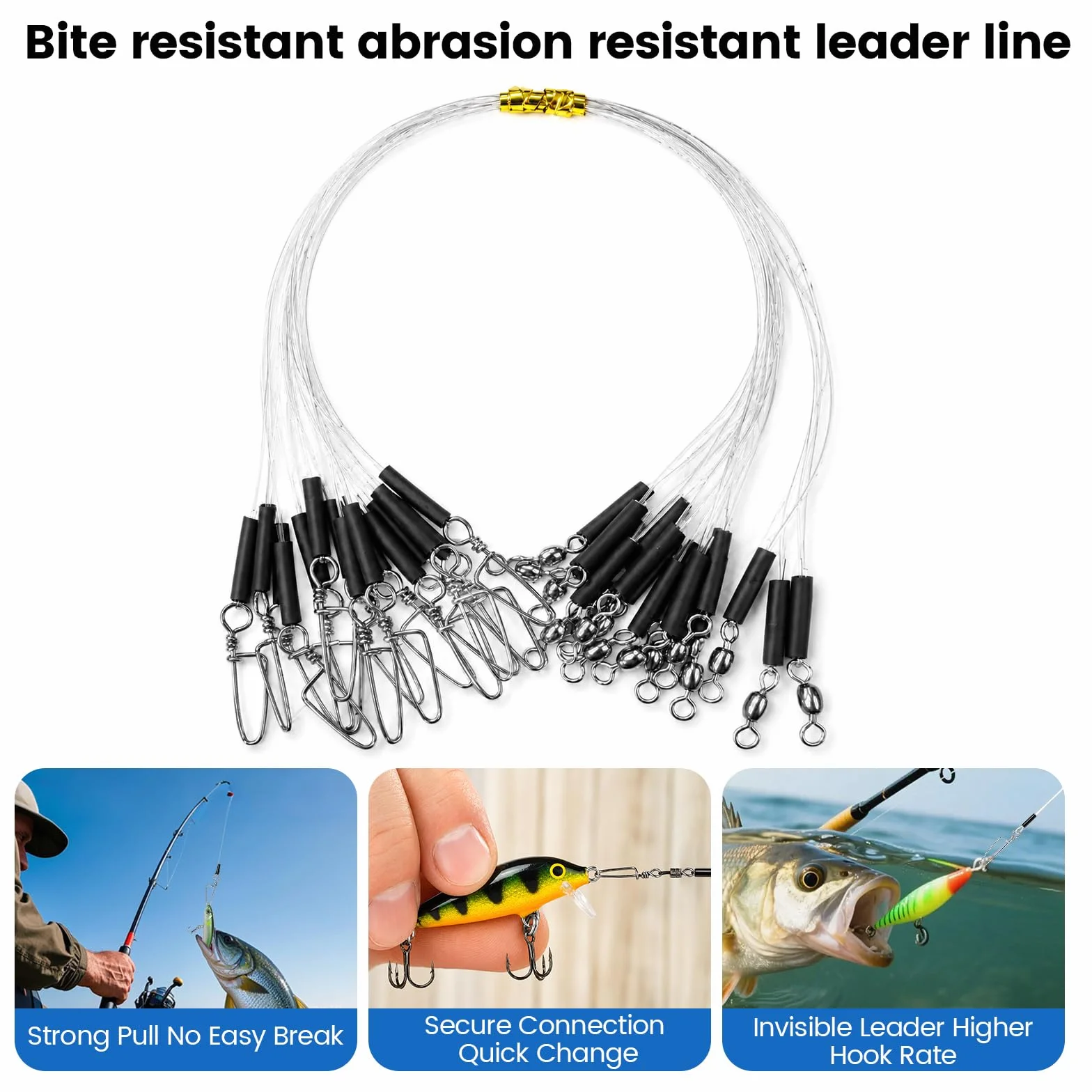 Lot de 15 leaders en fluorocarbone avec émerillon et mousqueton - Transparent - Pour brochet, truite, pêche à la pêche - 30 cm