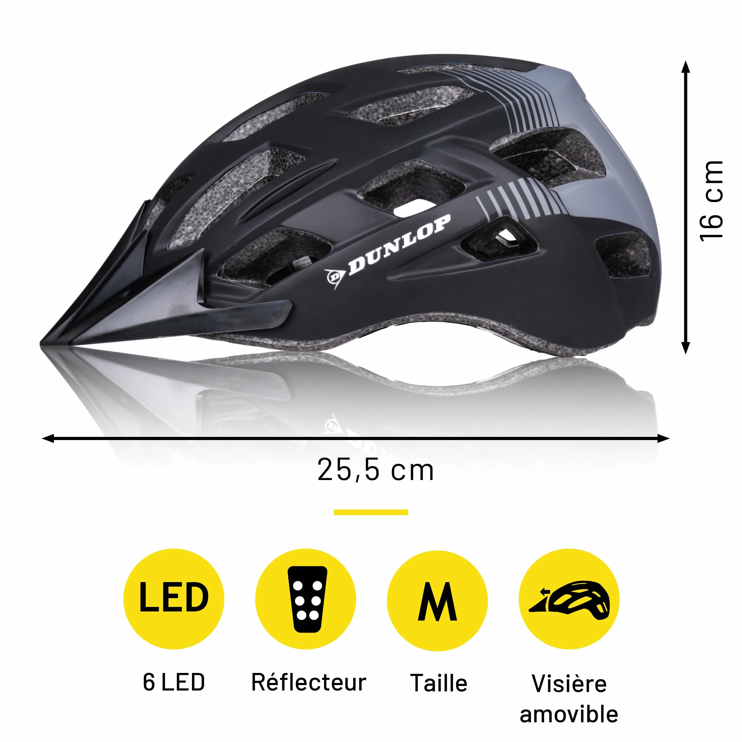 Casque Vélo Lumière LED Réglable 55-58 CM Noir