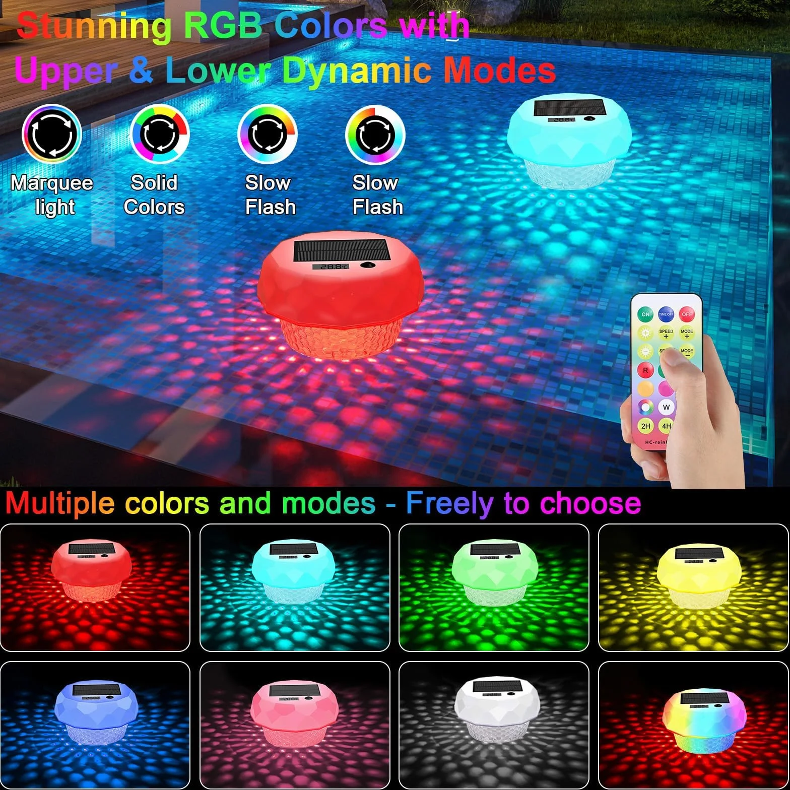 Lumiere Solaires Piscine LED RGB avec Thermomètre Télécommande IP68 Lampe Flottante