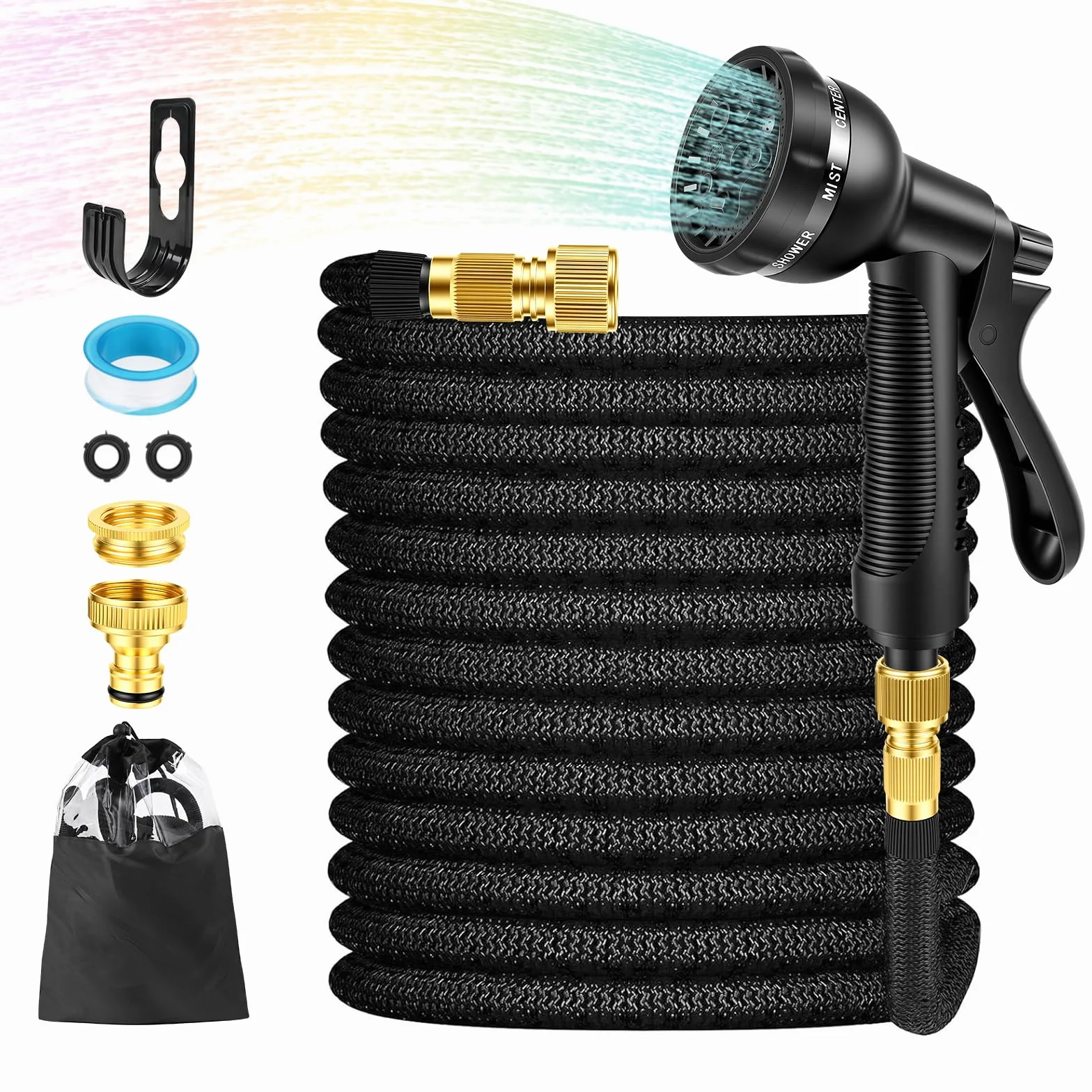 Tuyau d'arrosage extensible 30M 100FT avec pistolet 8 fonctions adaptateurs 1/2'' 3/4'' jardin noir
