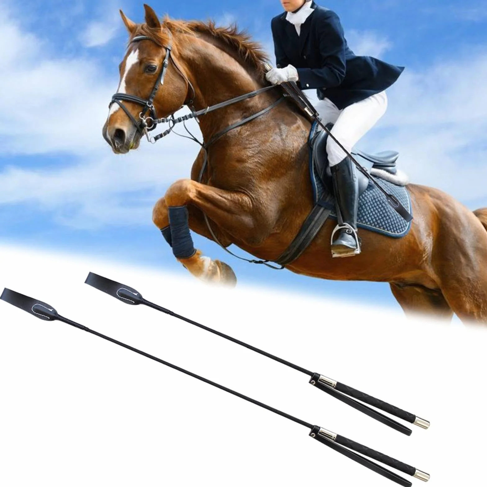 Cravache d'équitation – Fouet d'équitation en cuir, poignée en gel antidérapant | Fouets en simili cuir noir, bâton de poignée Compact pour sports équestres, cravache anglaise pour tournoi d'entraînem