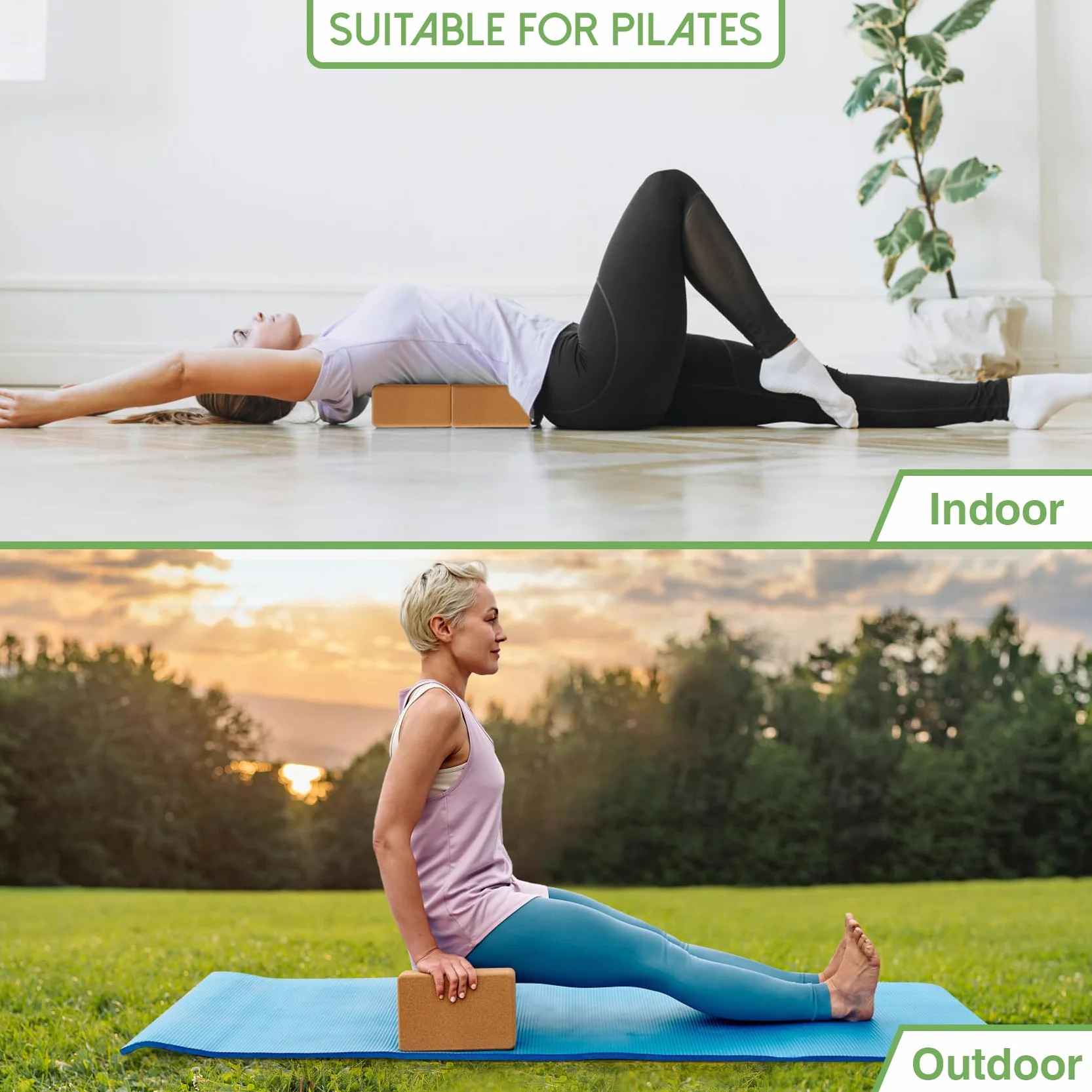 Lot de 2 blocs de yoga en liège - Bloc de yoga en liège naturel - Bloc de yoga pour fitness, pilates, étirement et méditation - Bloc de yoga pour la régénération, le dos, les exercices d'étirement