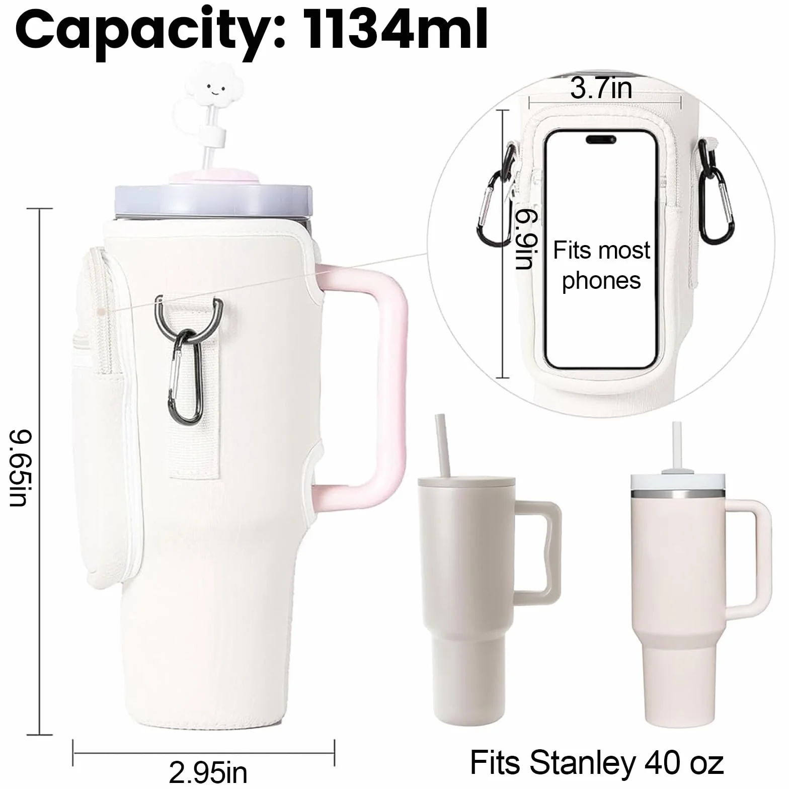 Sac Bouteille d'eau pour Tasse Stanley Cup 40oz, Porte Gourde Sac à Dos avec Sangle Ajustable et Poche pour Téléphone, Stanley Cup Bag pour Marche Camping Course Cyclisme, Blanc