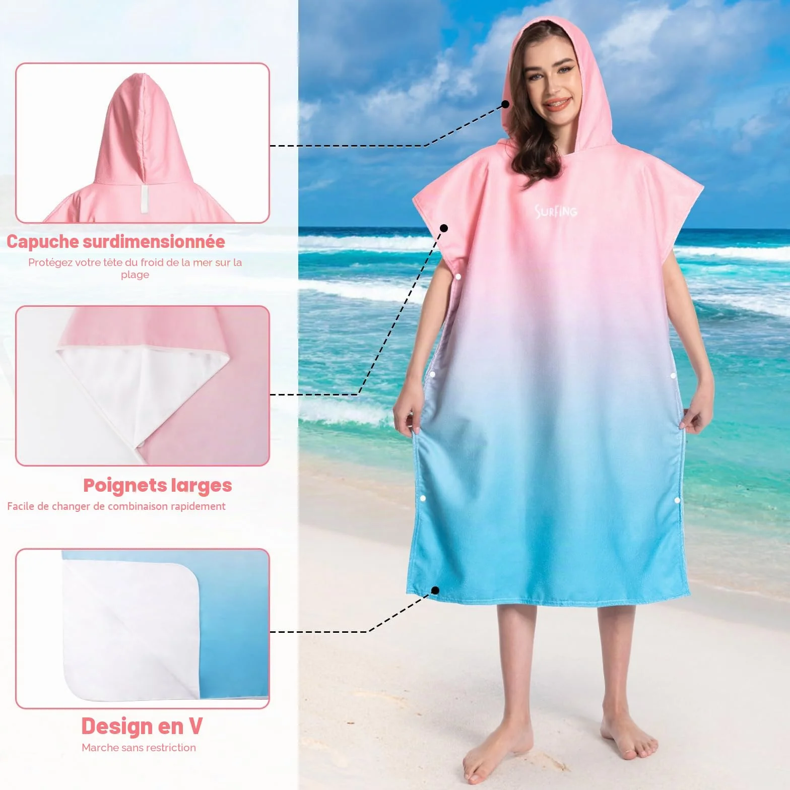 MOKANI Peignoir de bain, Poncho serviette à capuche pour piscine, plage, surf, séchage rapide et léger, poncho éponge pour adultes femmes hommes (avec boutons, 108L x 82l CM)