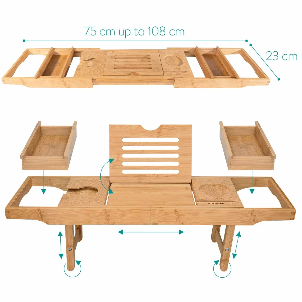 Navaris Pont de Baignoire Extensible Bambou Plateau de Bain Pied Pliable Support Tablette Livre Téléphone Verre