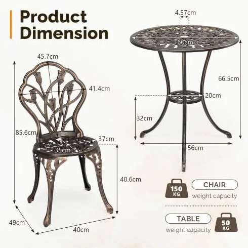 Bonnlo Ensemble Salon de Jardin 3 pièces en Aluminium avec Motif de Tulipes, Bronze
