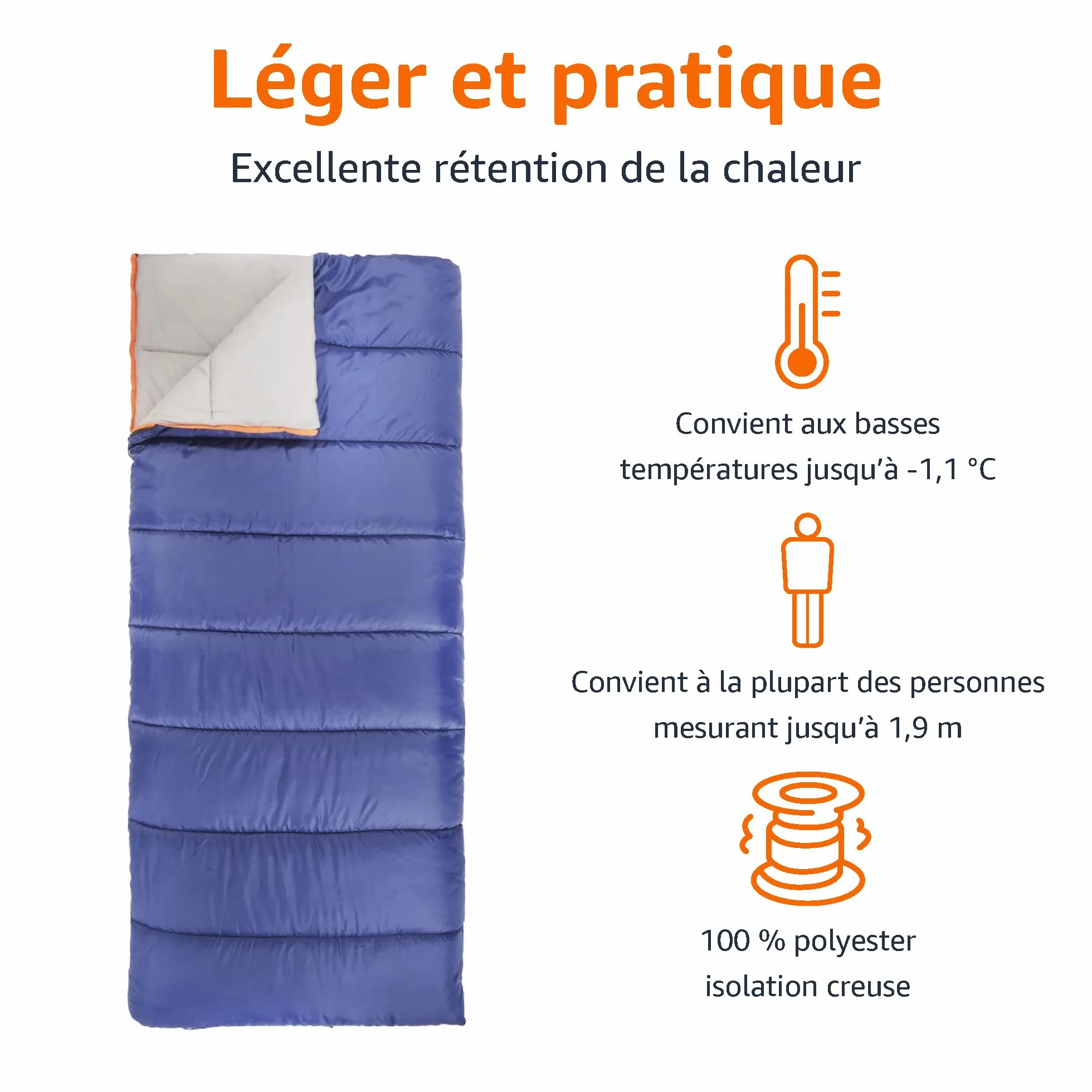 Amazon Basics Sac de Couchage Léger 4 Saisons Camping Randonnée 190 x 83 cm Bleu