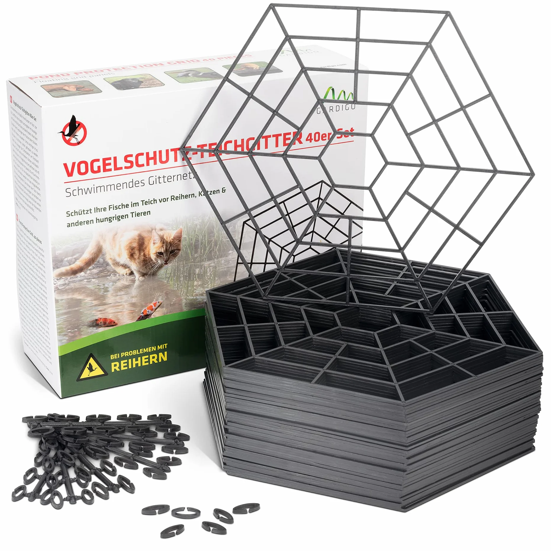 GARDIGO® Grillage Anti-Prédateurs pour Bassin 20 Pièces Modulables Barrière Anti-Hérons et Chats Kit Extensible Flottant