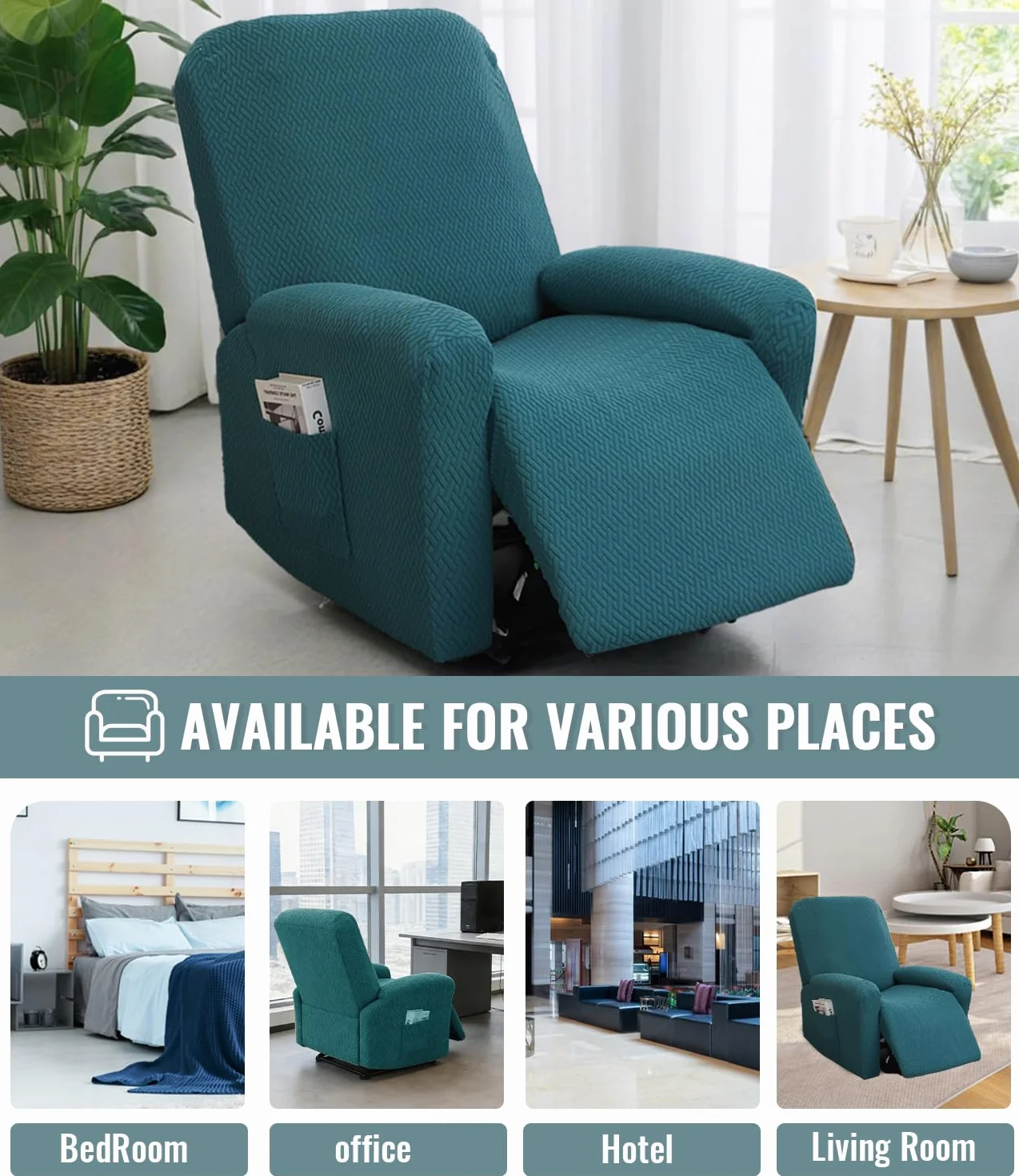 Housse de Fauteuil Relax Inclinable Électrique, Jacquard Vert Foncé, Élastique Extensible 4 Pièces