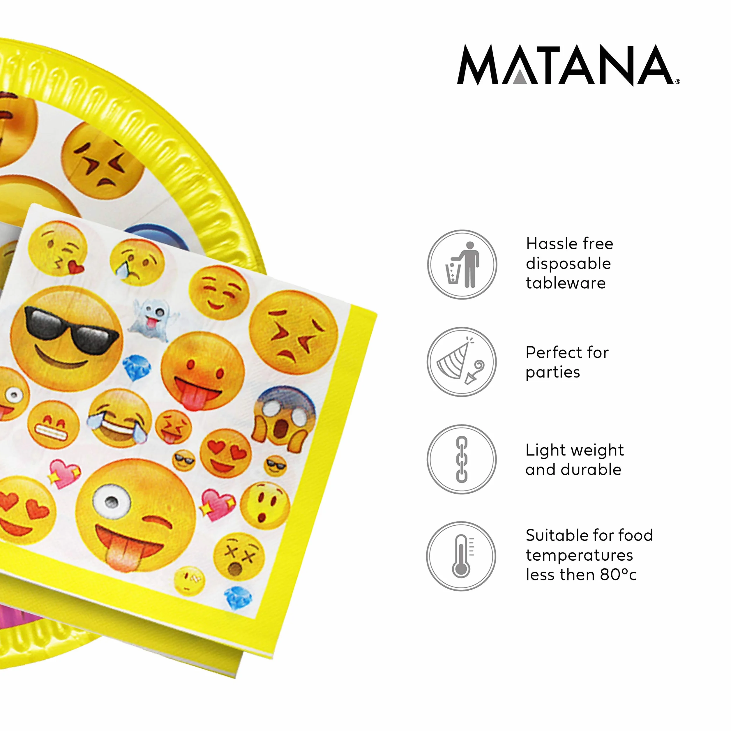 MATANA Vaisselle de Fête Anniversaire Emoji Smiley 76 Pièces Assiettes Gobelets Serviettes Nappe