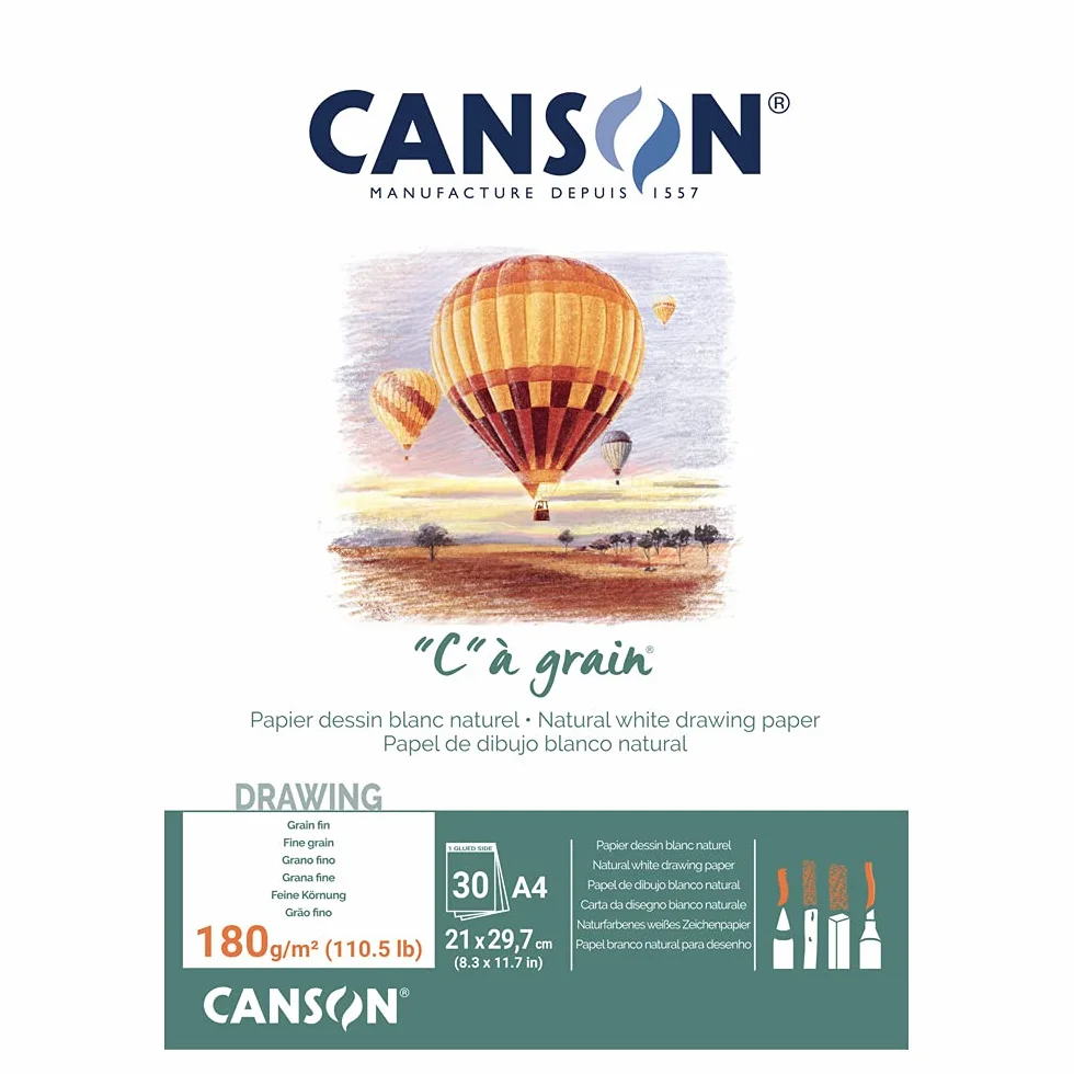 CANSON Bloc papier dessin A4 180g/m² Grain fin 30 feuilles Blanc naturel