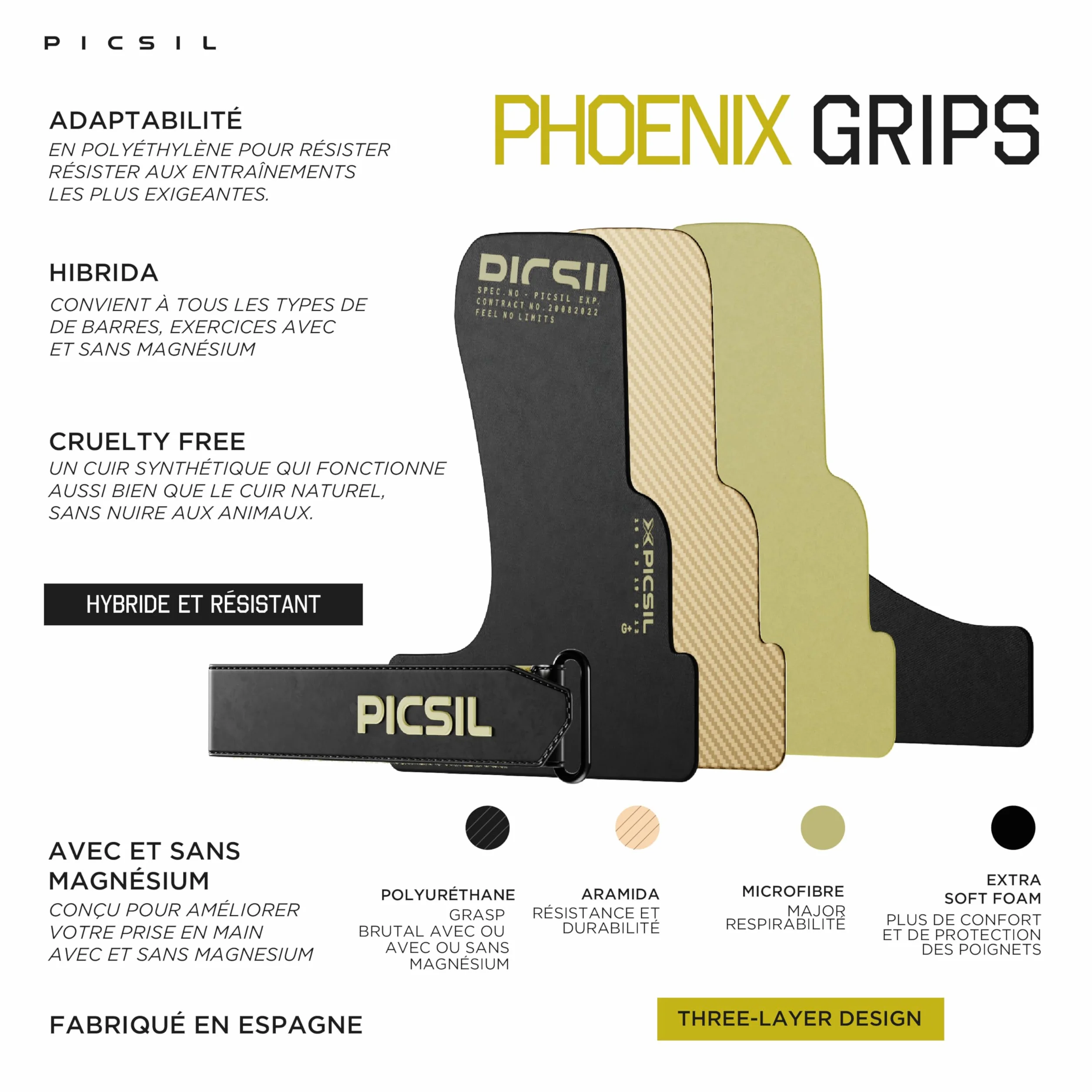 Maniques Phoenix Niveau Professionnel PICSIL, Grips Protection Main Magnésie Cross Training Calisthenics